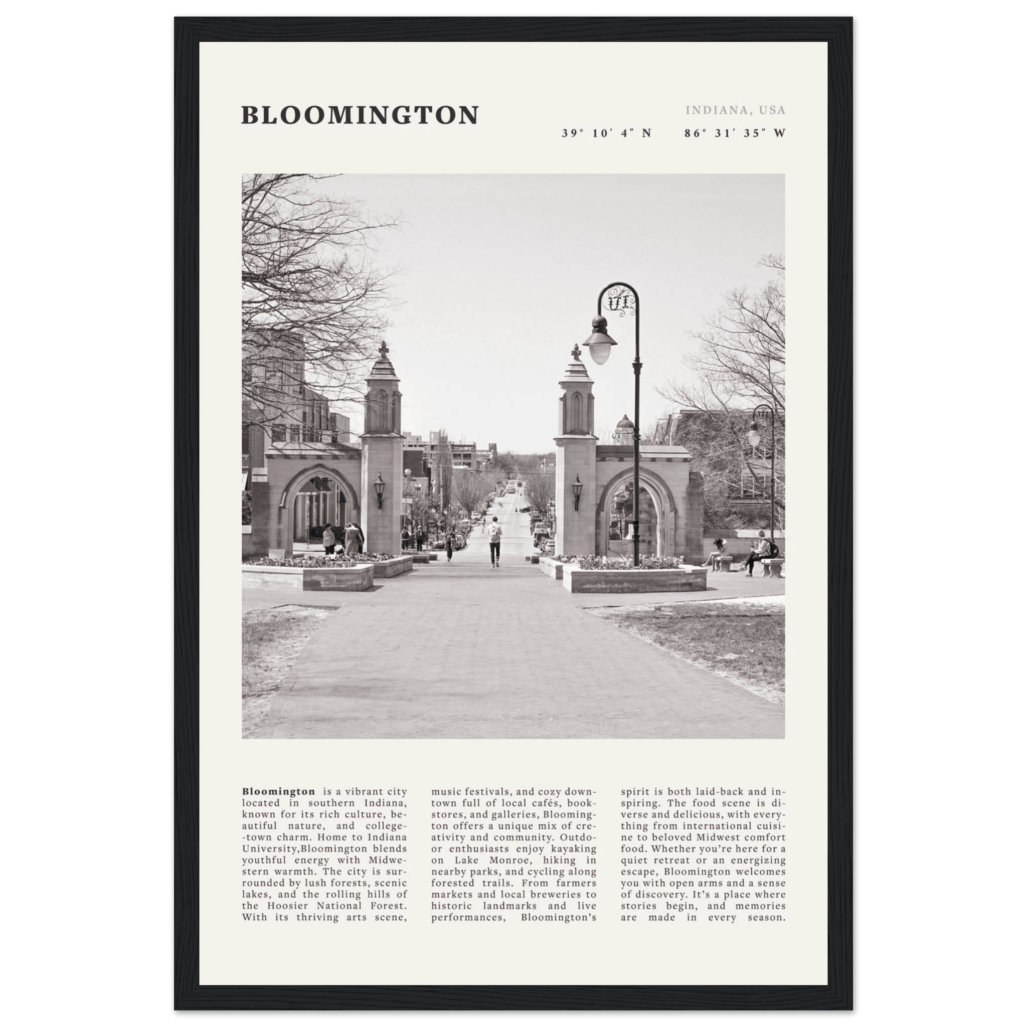 Bloomington Indiana Black and White Vintage Poster - Evergreen Posters
