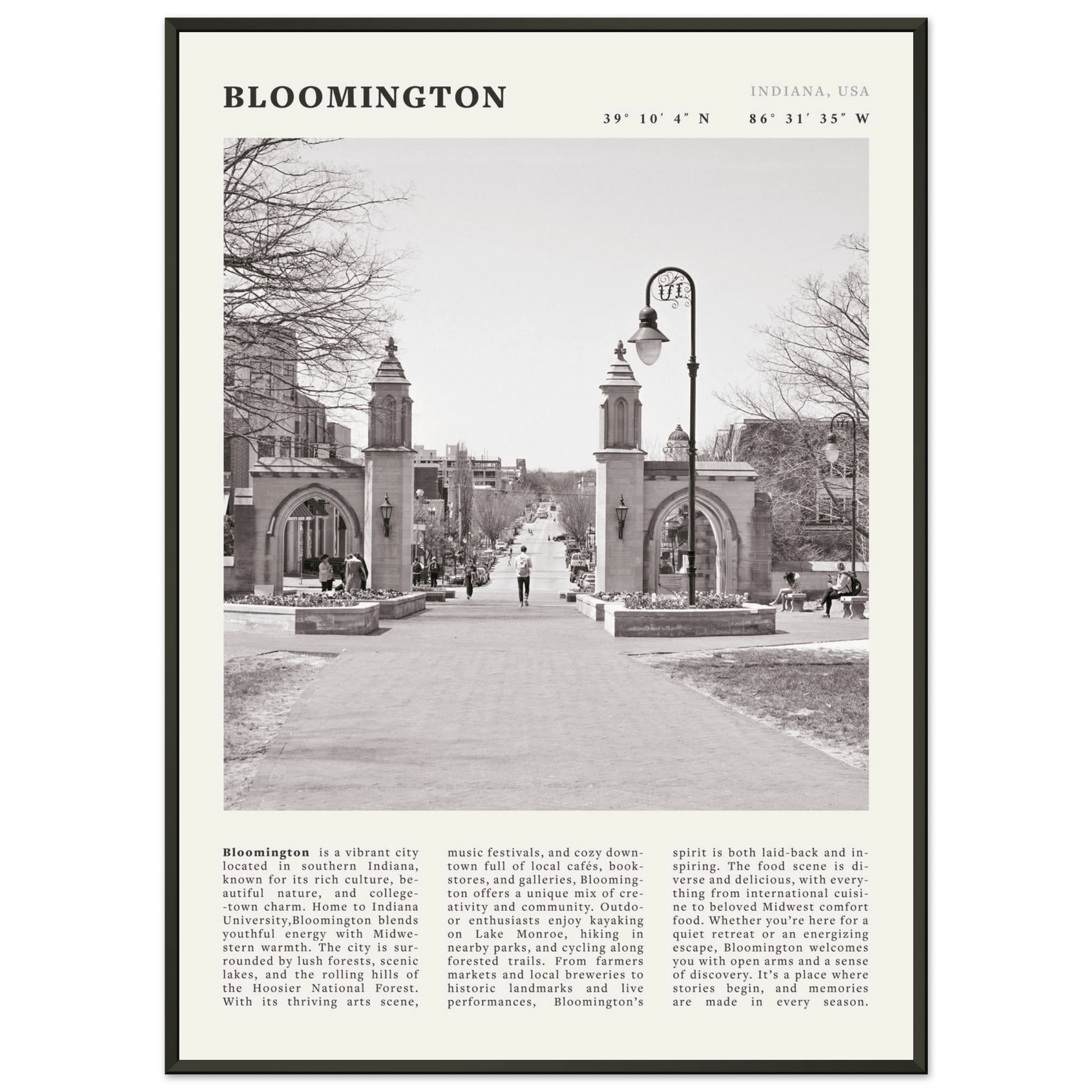Bloomington Indiana Black and White Vintage Poster - Evergreen Posters