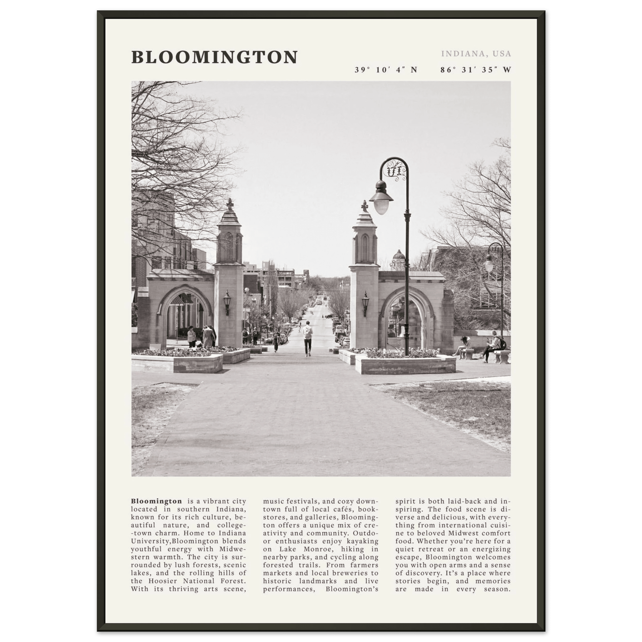 Bloomington Indiana Black and White Vintage Poster - Evergreen Posters