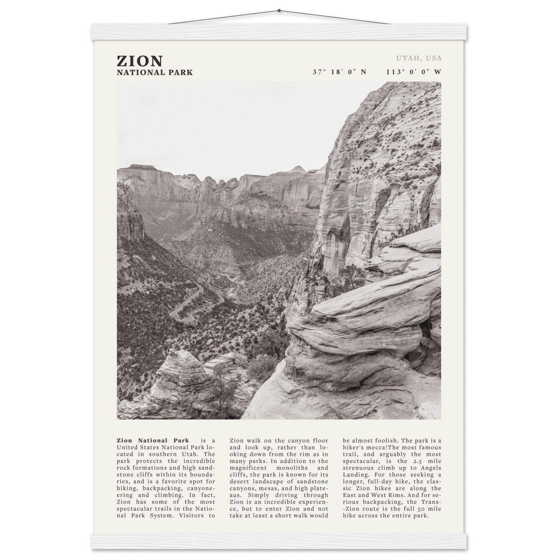 Zion National Park Poster | Black & White Utah Canyon Wall Art | USA Travel Print - Evergreen Posters