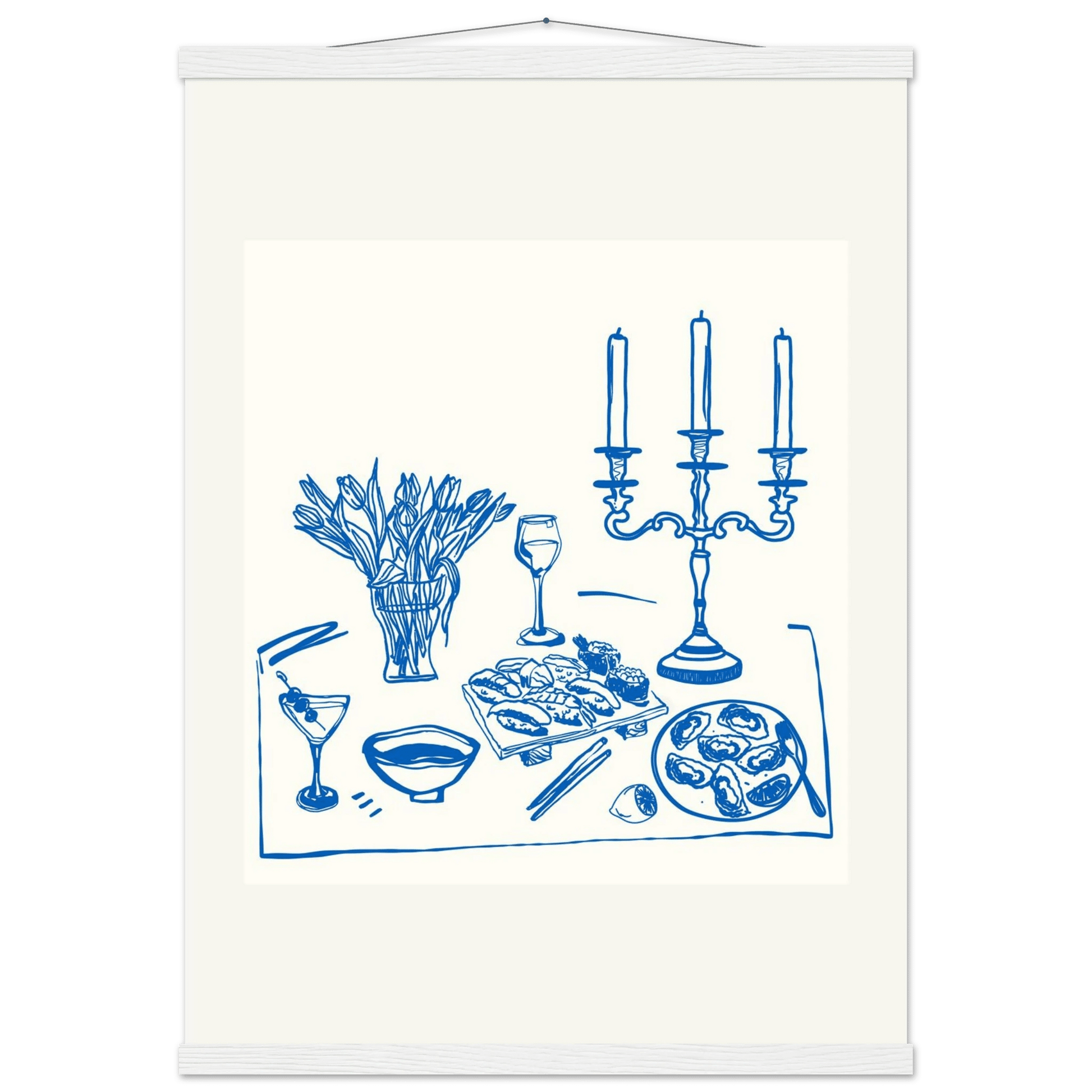 Fine Dining Table Print | Blue Line Art Kitchen Wall Art | Elegant Dining Room Poster - Evergreen Posters