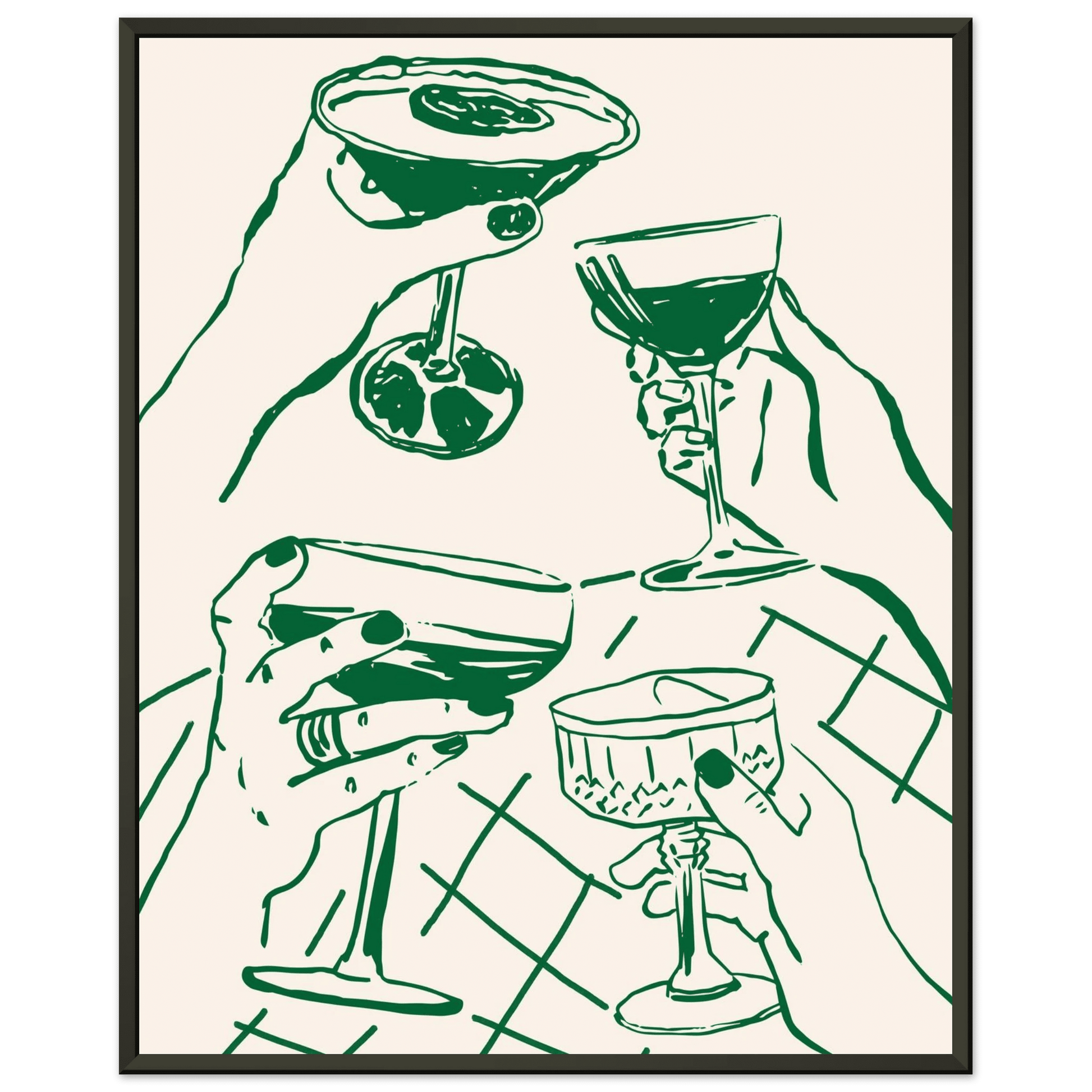 Cheers Print | Forest Green Cocktail Glasses Wall Art | Kitchen Bar Poster - Evergreen Posters
