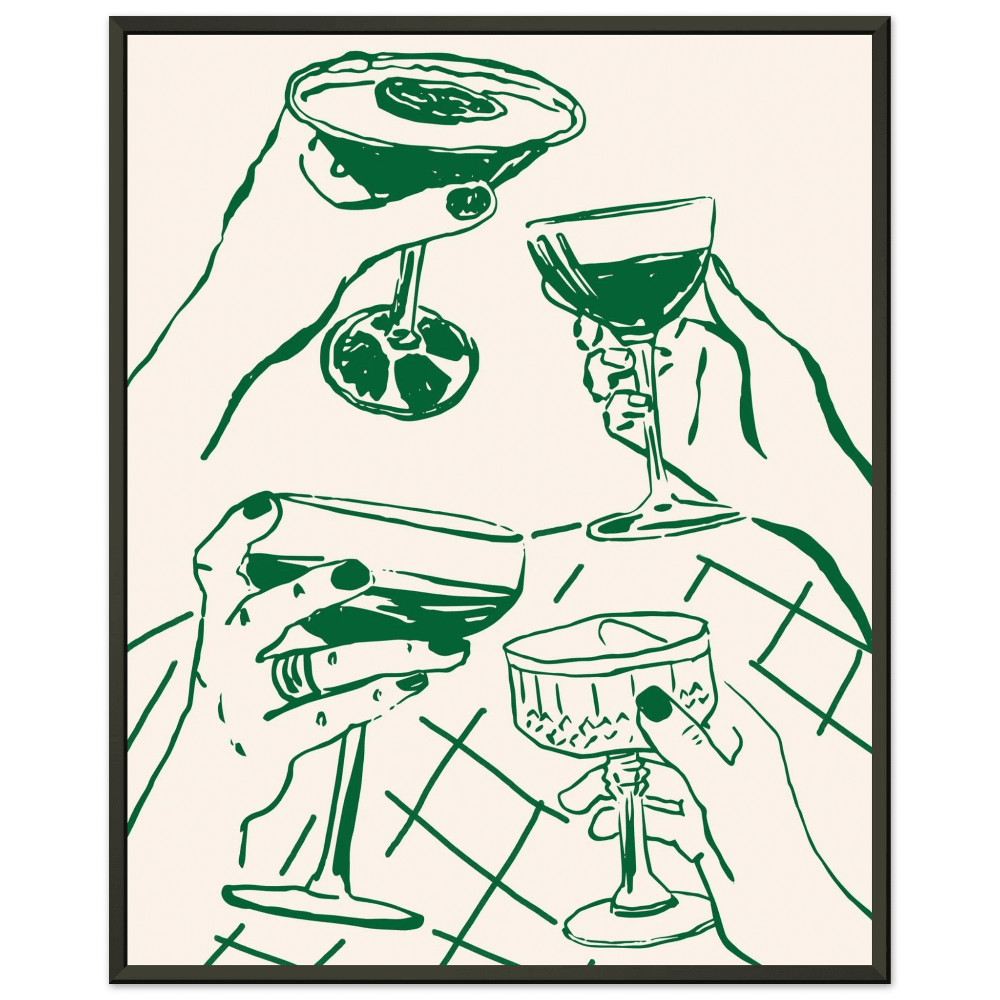 Cheers Print | Forest Green Cocktail Glasses Wall Art | Kitchen Bar Poster - Evergreen Posters