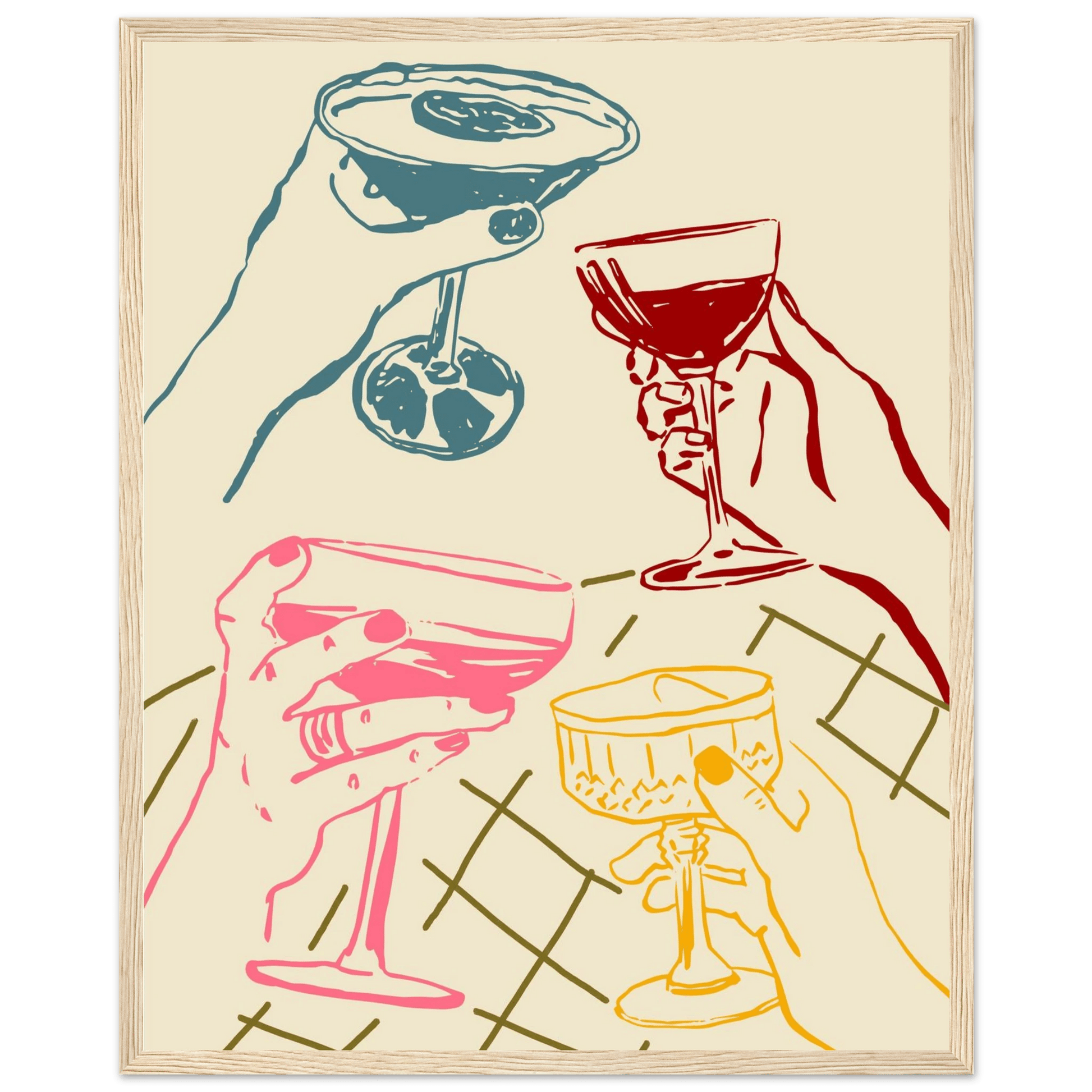 Cheers Print | Colourful Cocktail Glasses Wall Art | Kitchen Bar Poster - Evergreen Posters