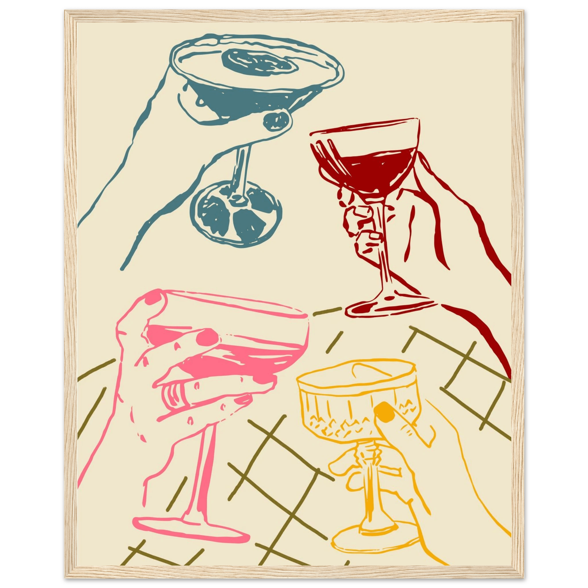 Cheers Print | Colourful Cocktail Glasses Wall Art | Kitchen Bar Poster - Evergreen Posters