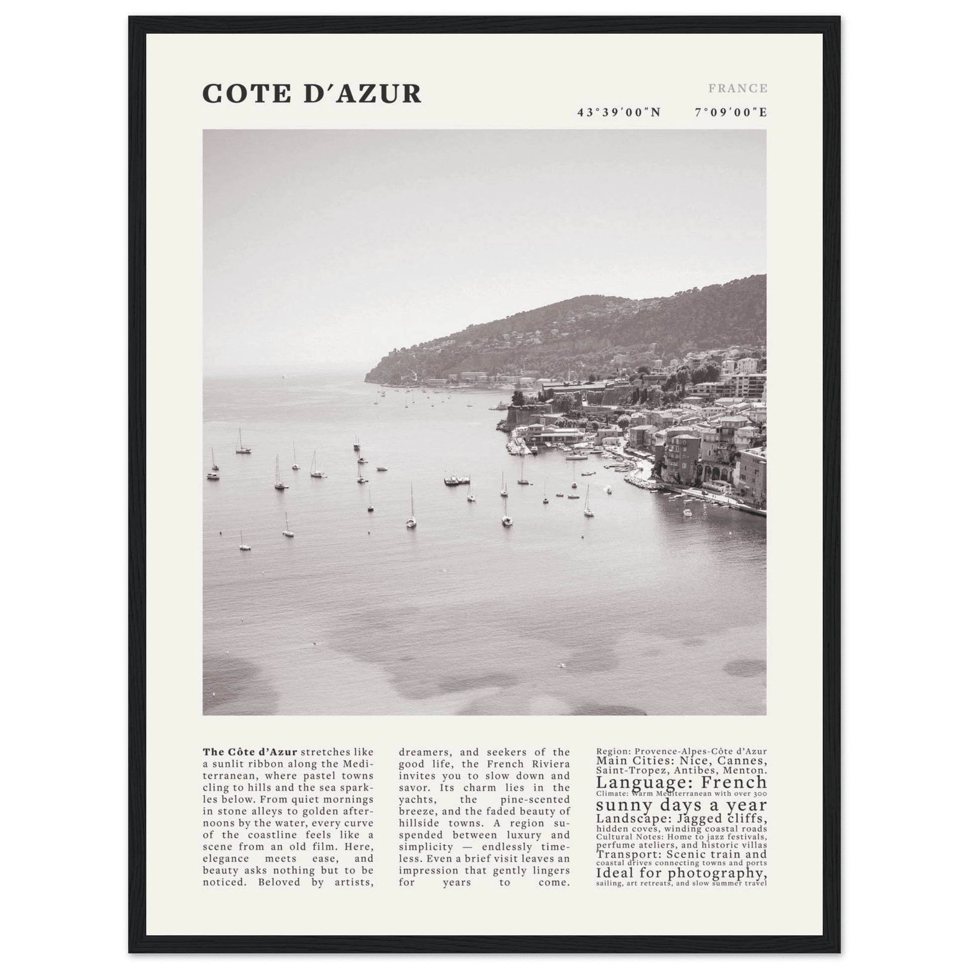 Côte d'Azur Poster Black and White – Vintage French Riviera Coast Print (Digital & Printed Options) - Evergreen Posters