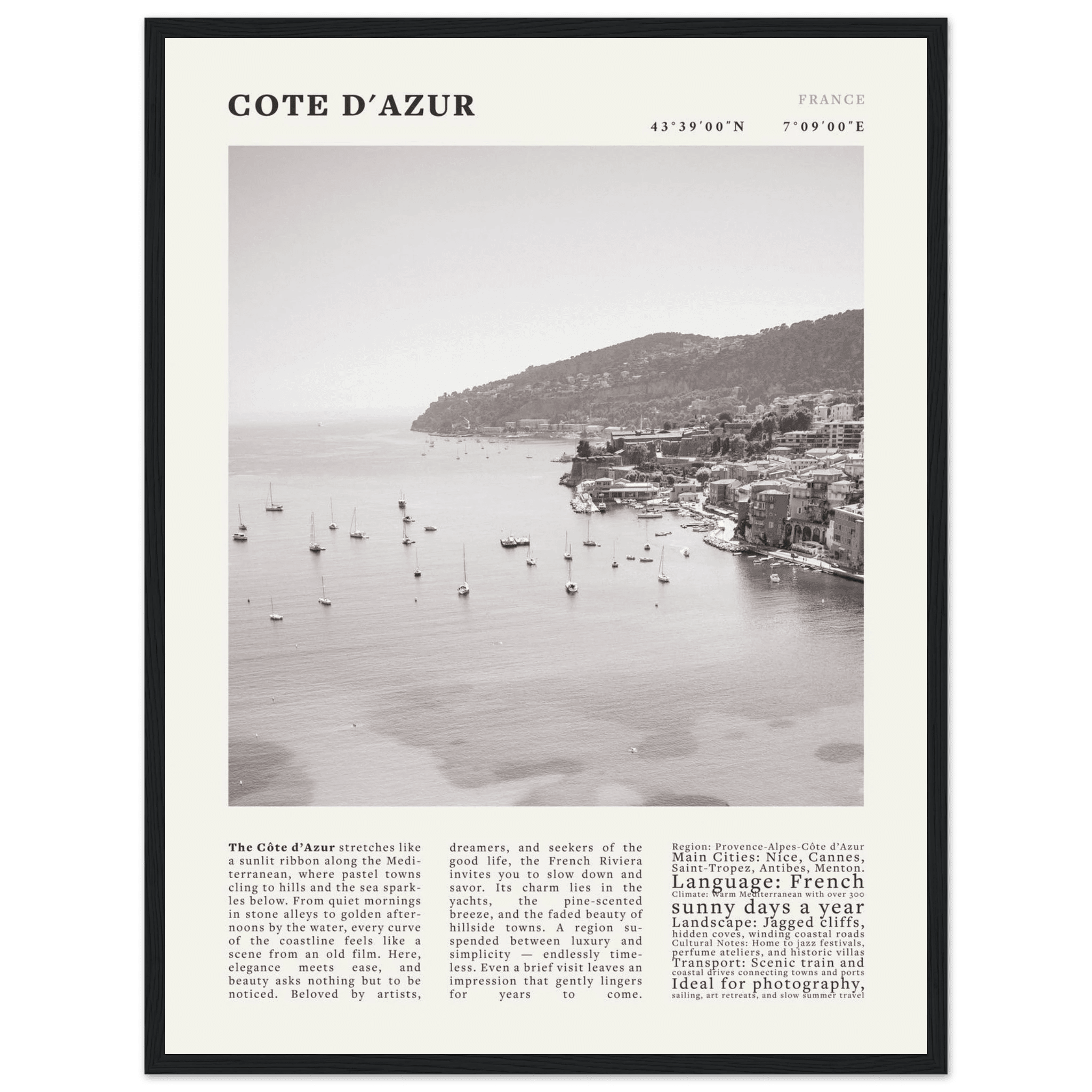 Côte d'Azur Poster Black and White – Vintage French Riviera Coast Print (Digital & Printed Options) - Evergreen Posters