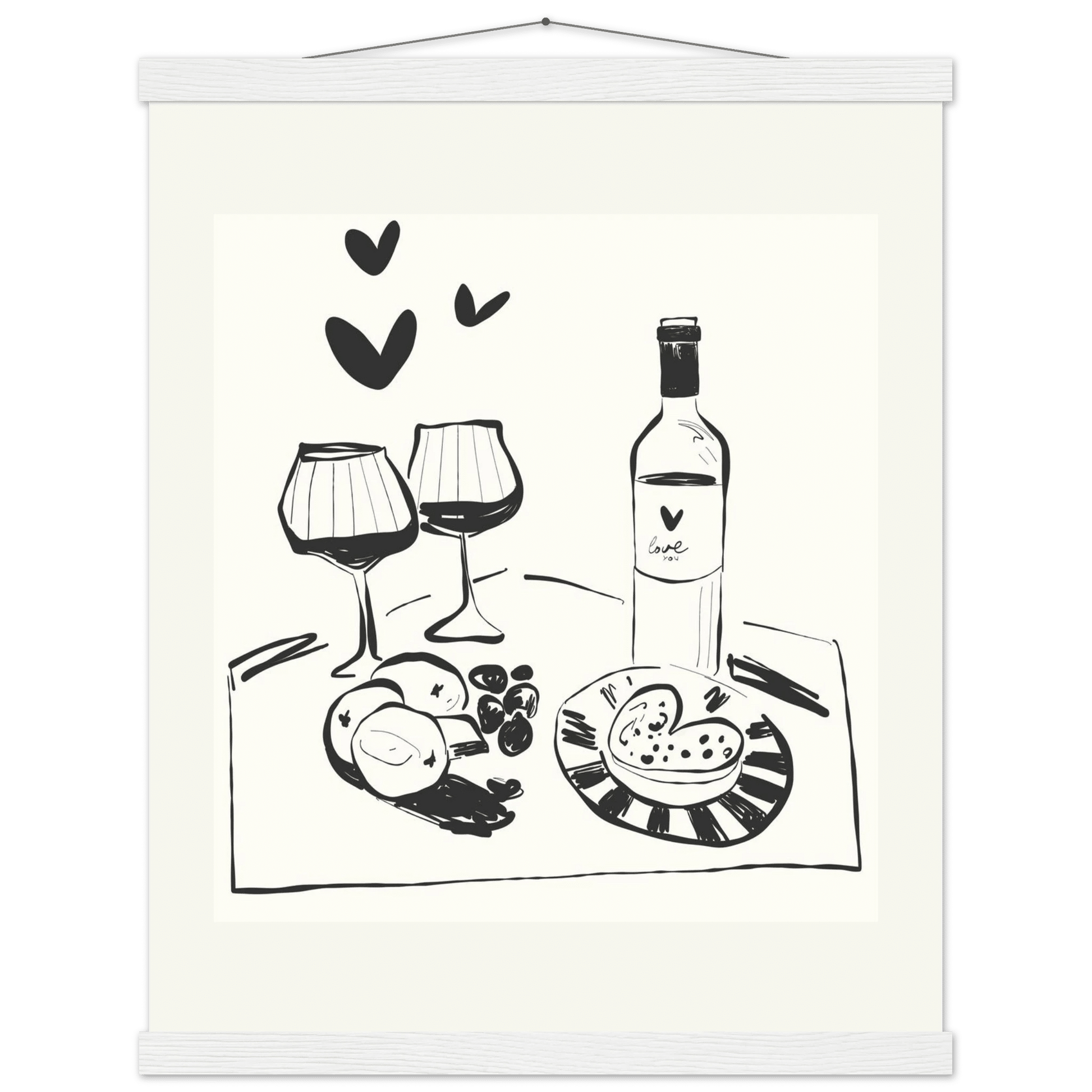 Wine for Two Print | Black Line Art Romantic Kitchen Wall Art | Couples Poster - Evergreen Posters