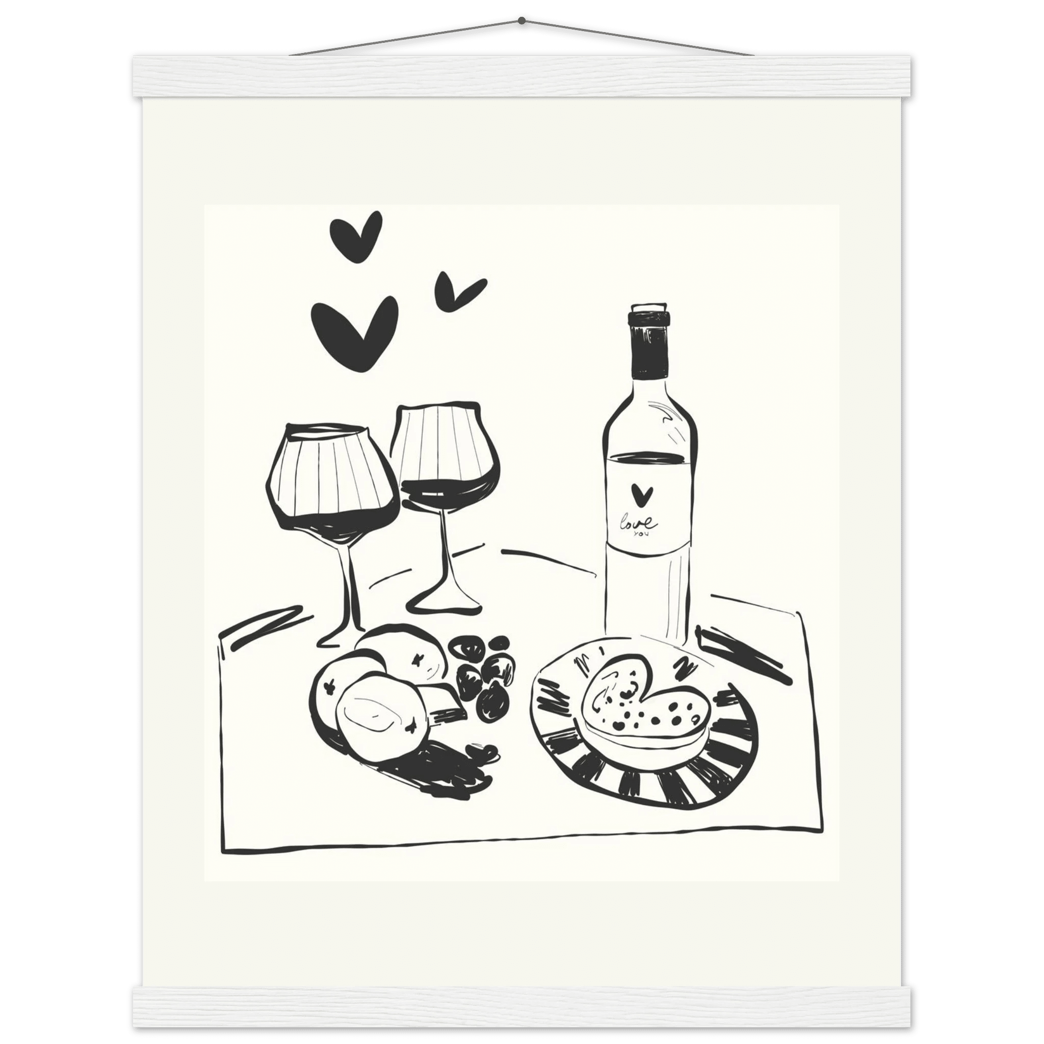 Wine for Two Print | Black Line Art Romantic Kitchen Wall Art | Couples Poster - Evergreen Posters