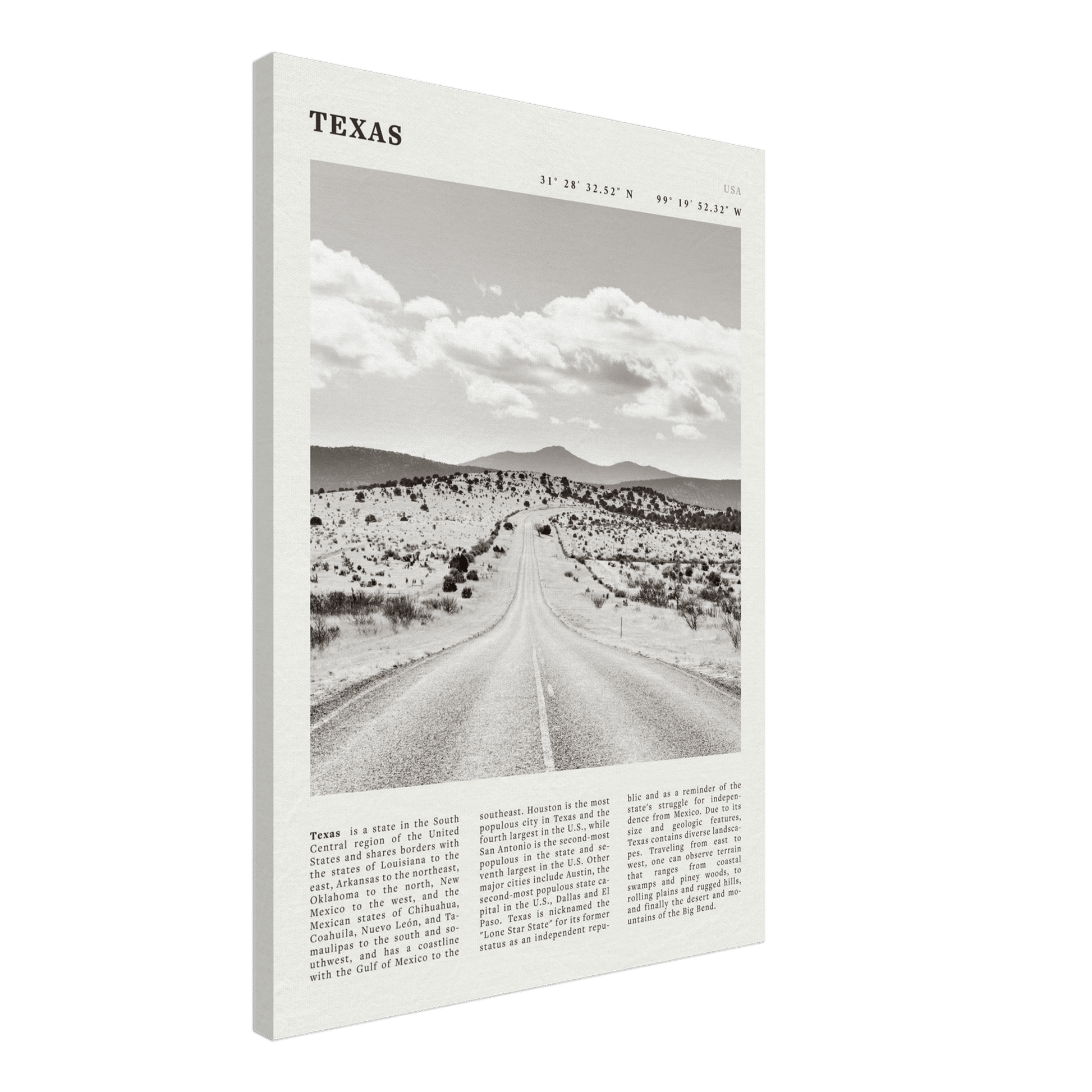 Texas Poster | Black & White Lone Star Road Wall Art | USA Travel Print Decor - Evergreen Posters