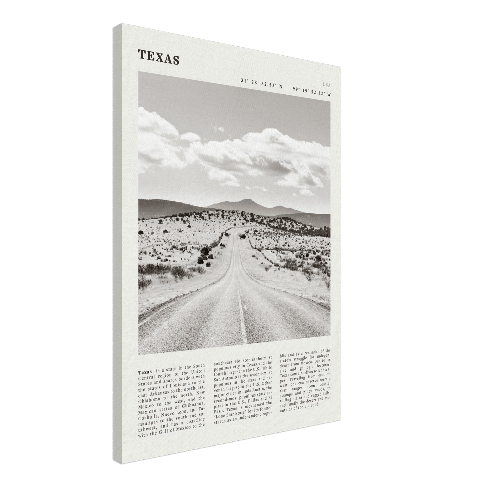 Texas Poster | Black & White Lone Star Road Wall Art | USA Travel Print Decor - Evergreen Posters