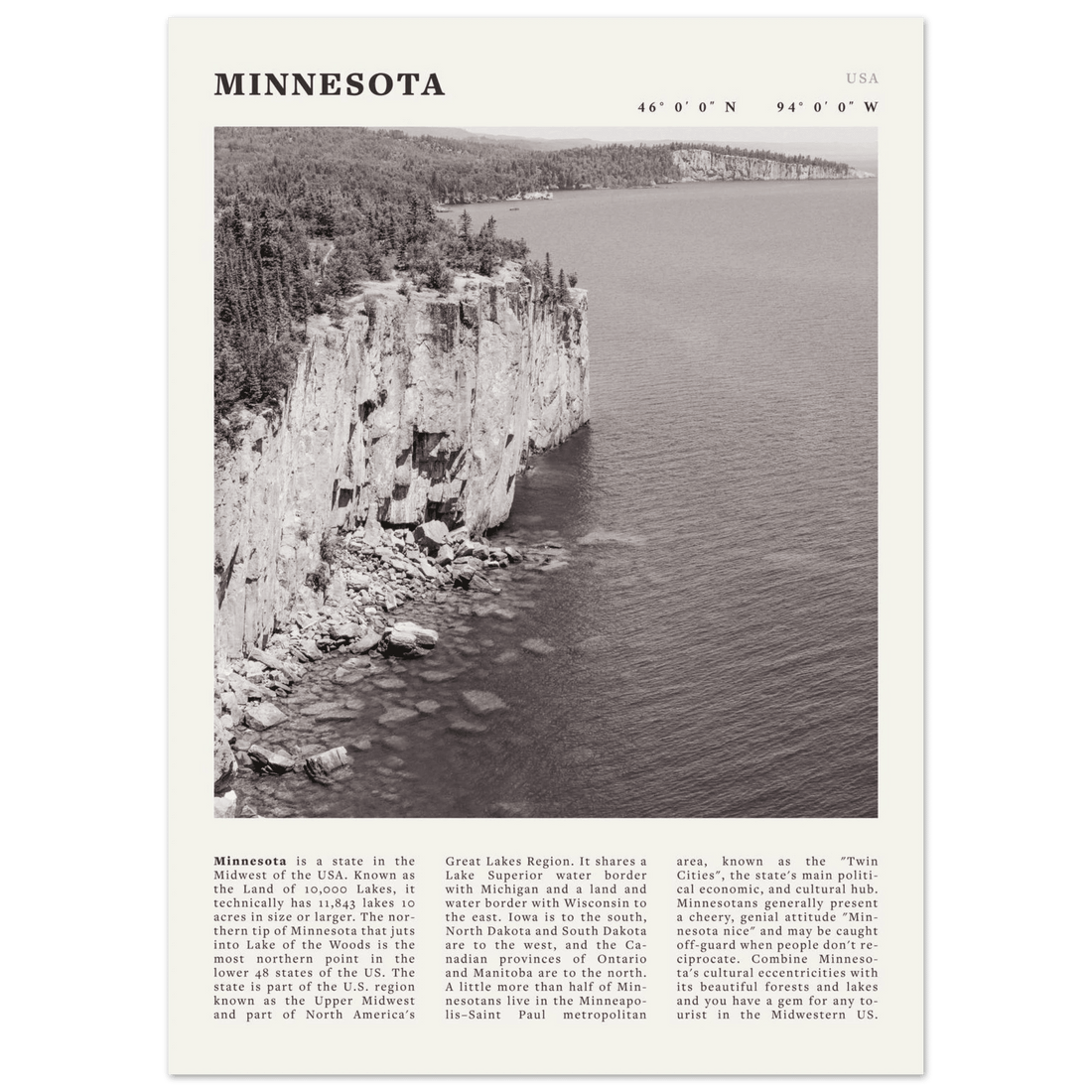 Minnesota Poster | Black & White Lake Superior Wall Art | USA Nature Travel Print - Evergreen Posters