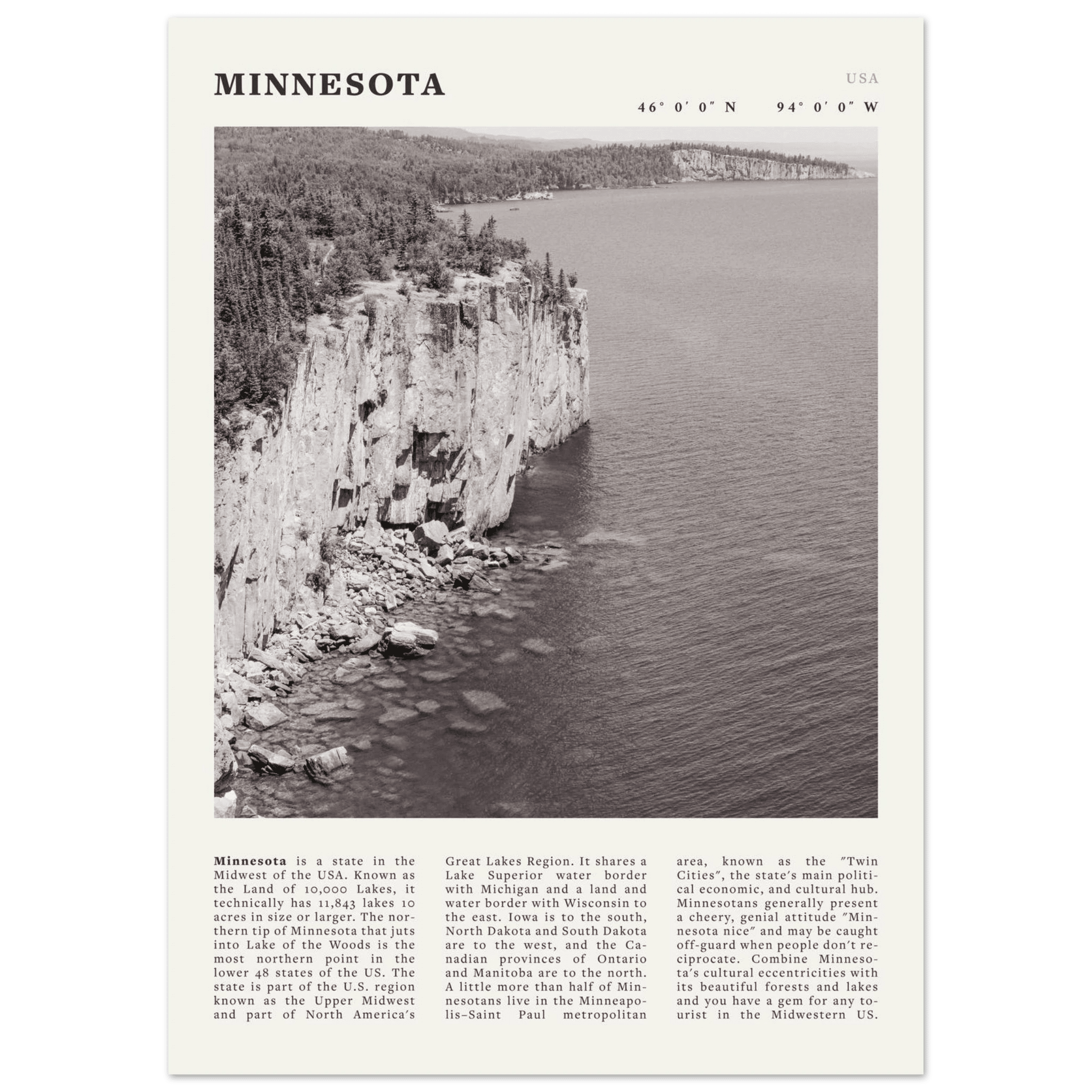 Minnesota Poster | Black & White Lake Superior Wall Art | USA Nature Travel Print - Evergreen Posters