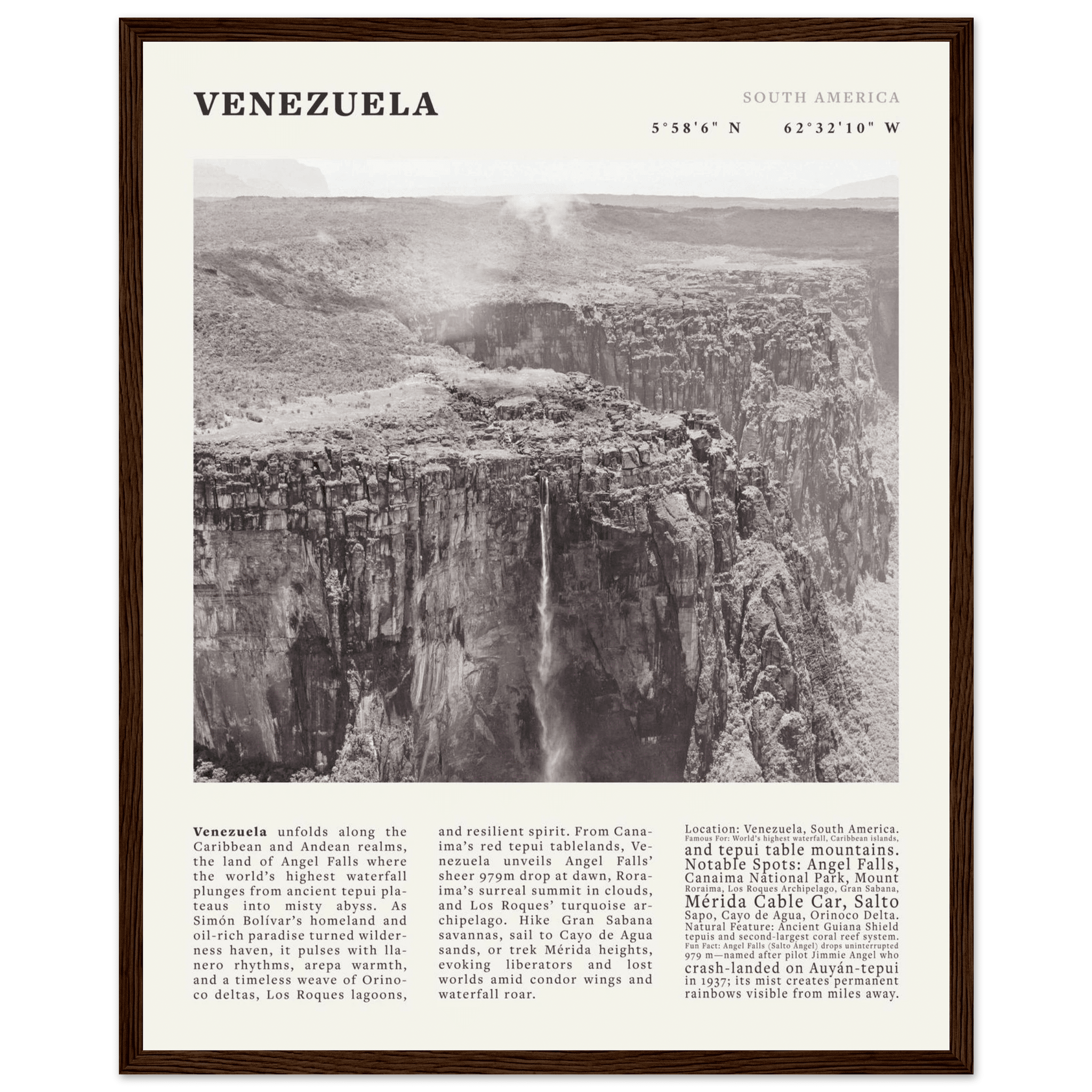Venezuela Poster Black and White – Vintage Angel Falls Tepui Print (Digital & Printed Options) - Evergreen Posters
