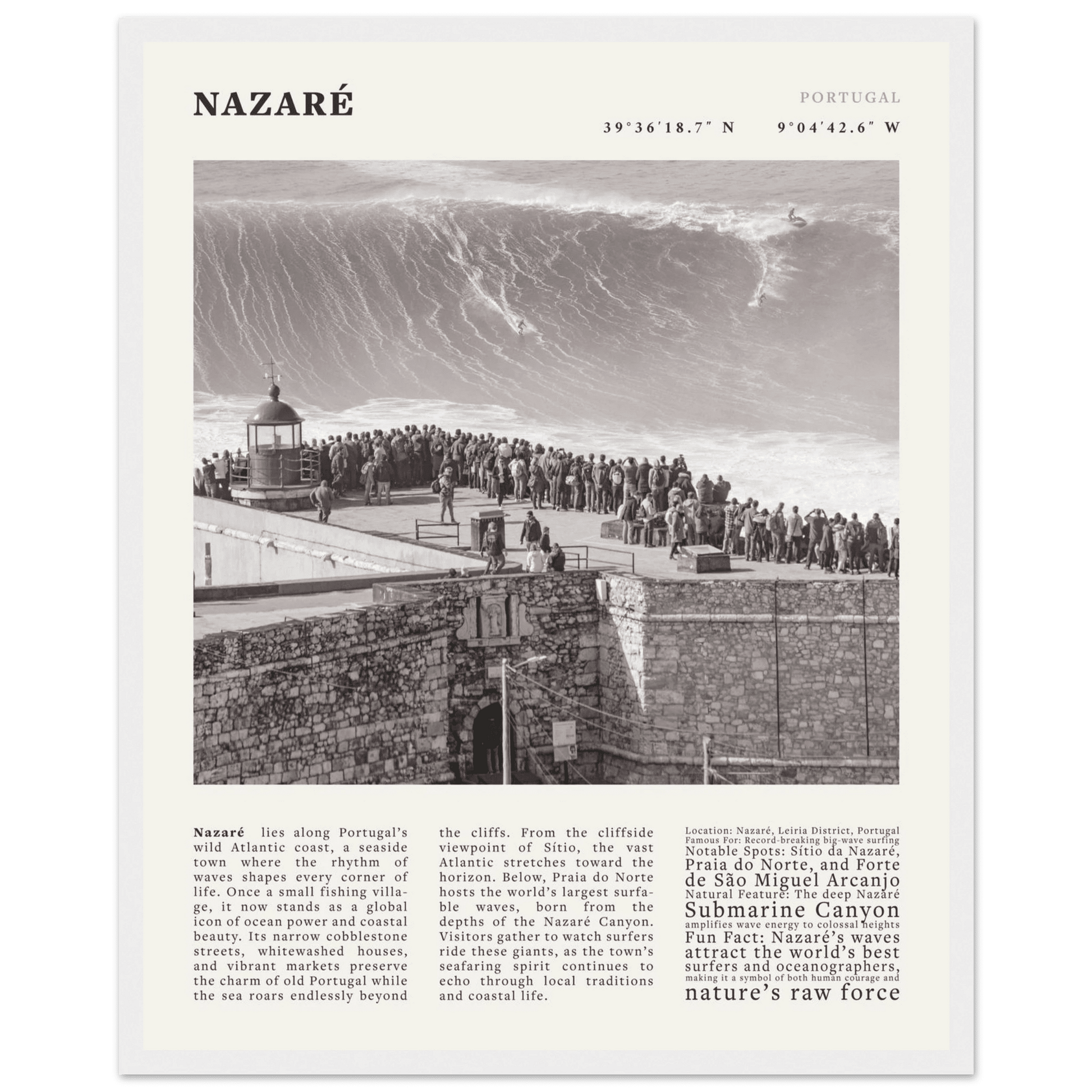 Nazaré Portugal Poster Black and White – Vintage Big Waves Surf Print (Digital & Printed Options) - Evergreen Posters