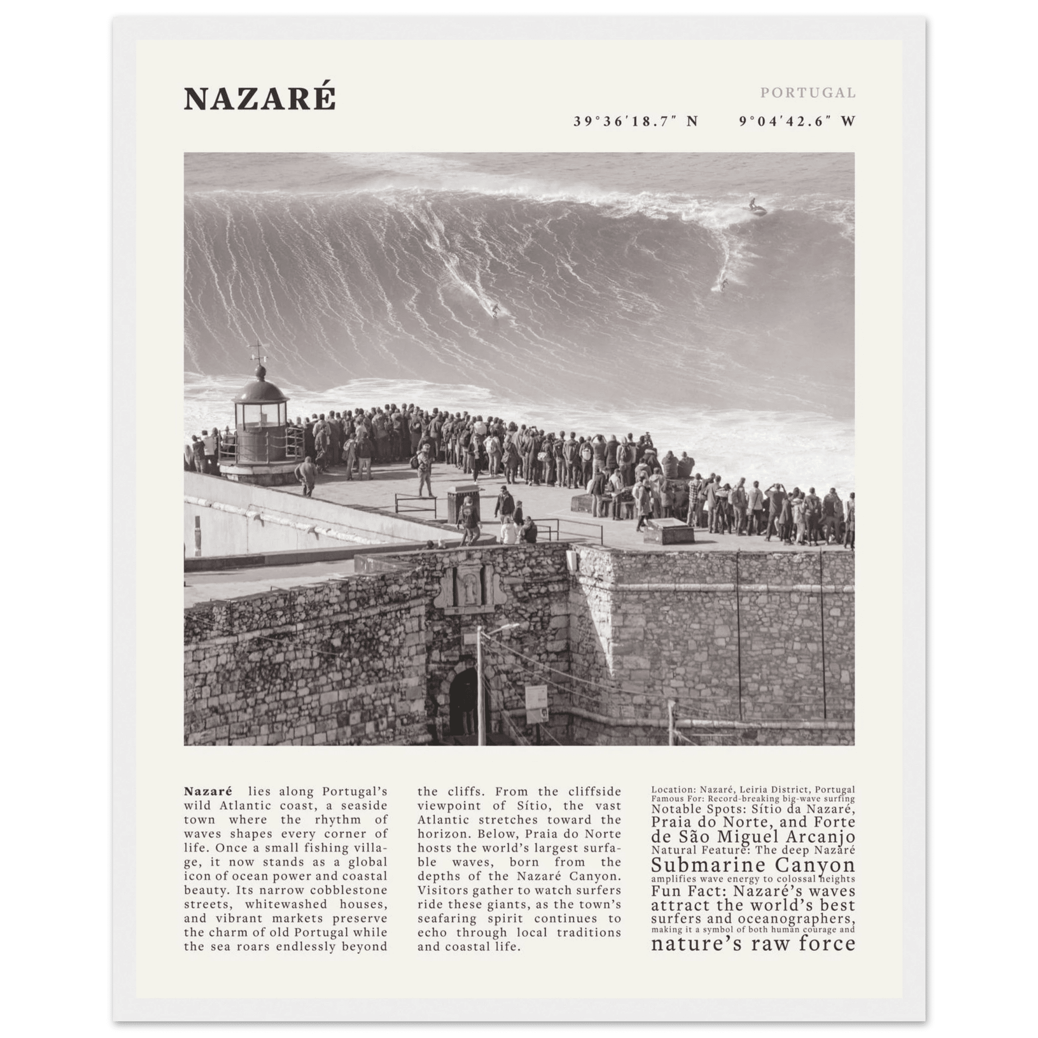 Nazaré Portugal Poster Black and White – Vintage Big Waves Surf Print (Digital & Printed Options) - Evergreen Posters