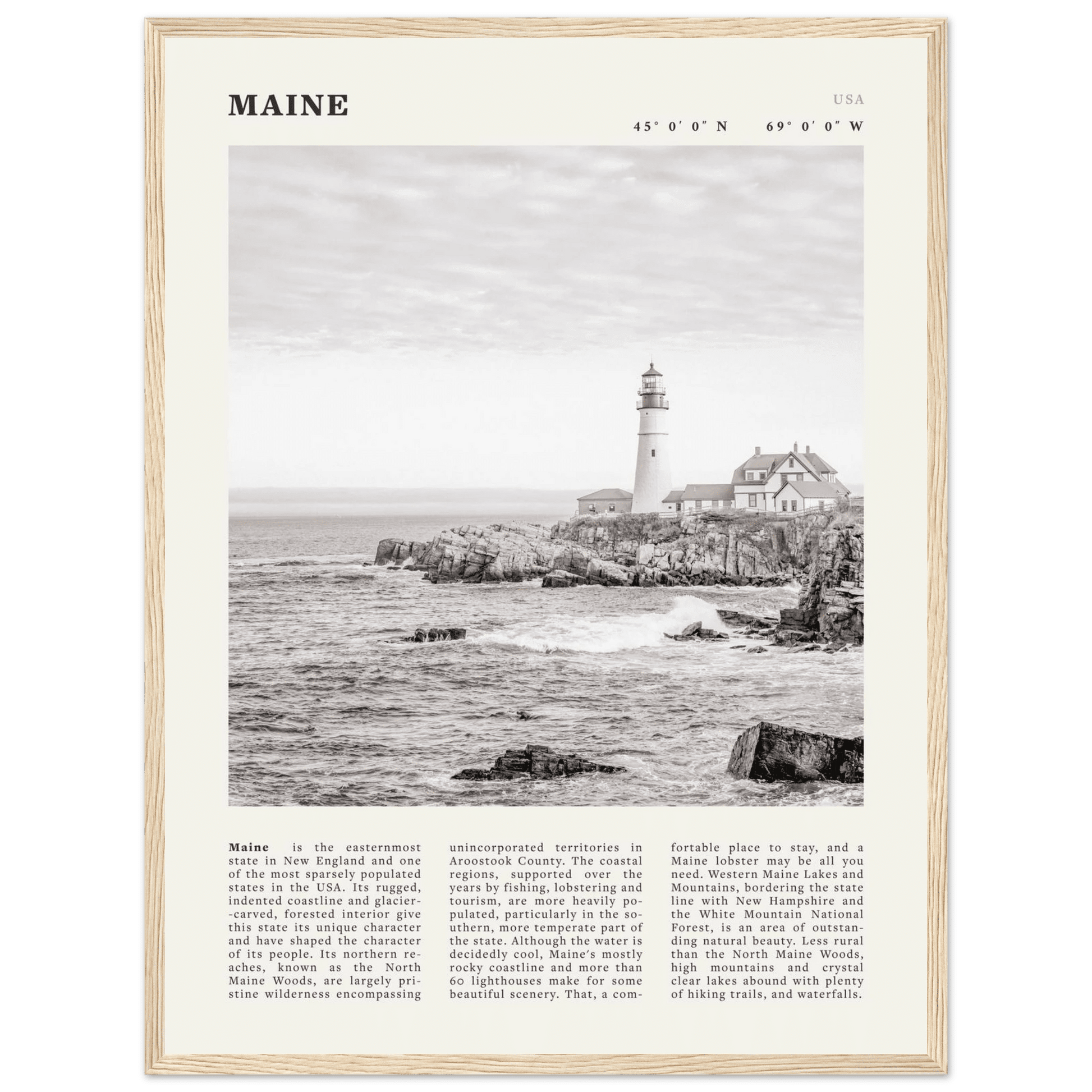 Maine Poster | Black & White Lighthouse Wall Art | New England Coastal Travel Print - Evergreen Posters