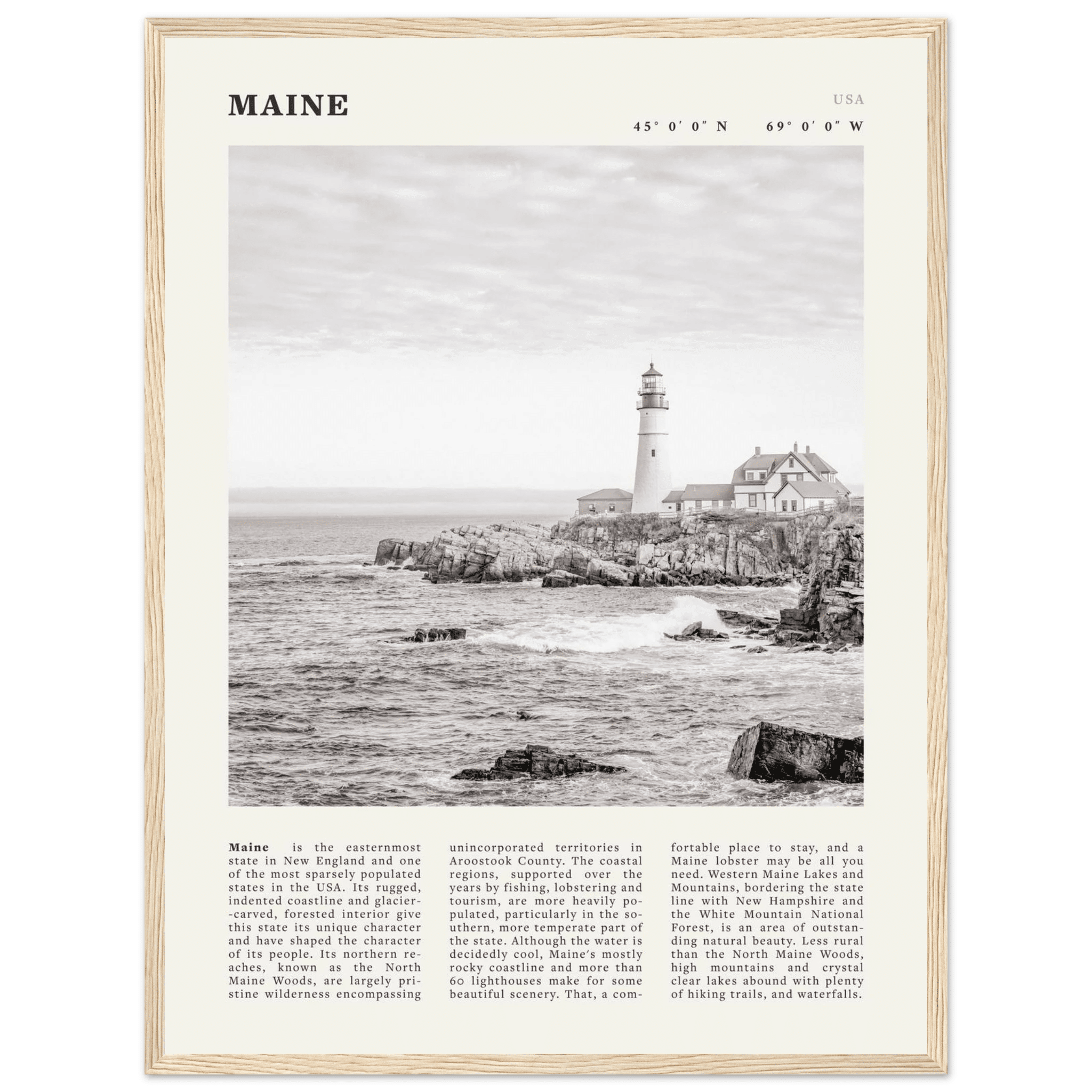 Maine Poster | Black & White Lighthouse Wall Art | New England Coastal Travel Print - Evergreen Posters