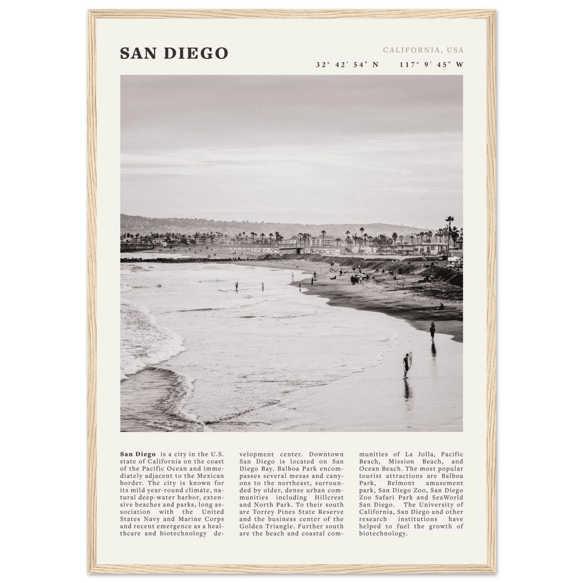 San Diego Poster | Black & White California Beach Wall Art | Coastal Travel Print Decor - Evergreen Posters