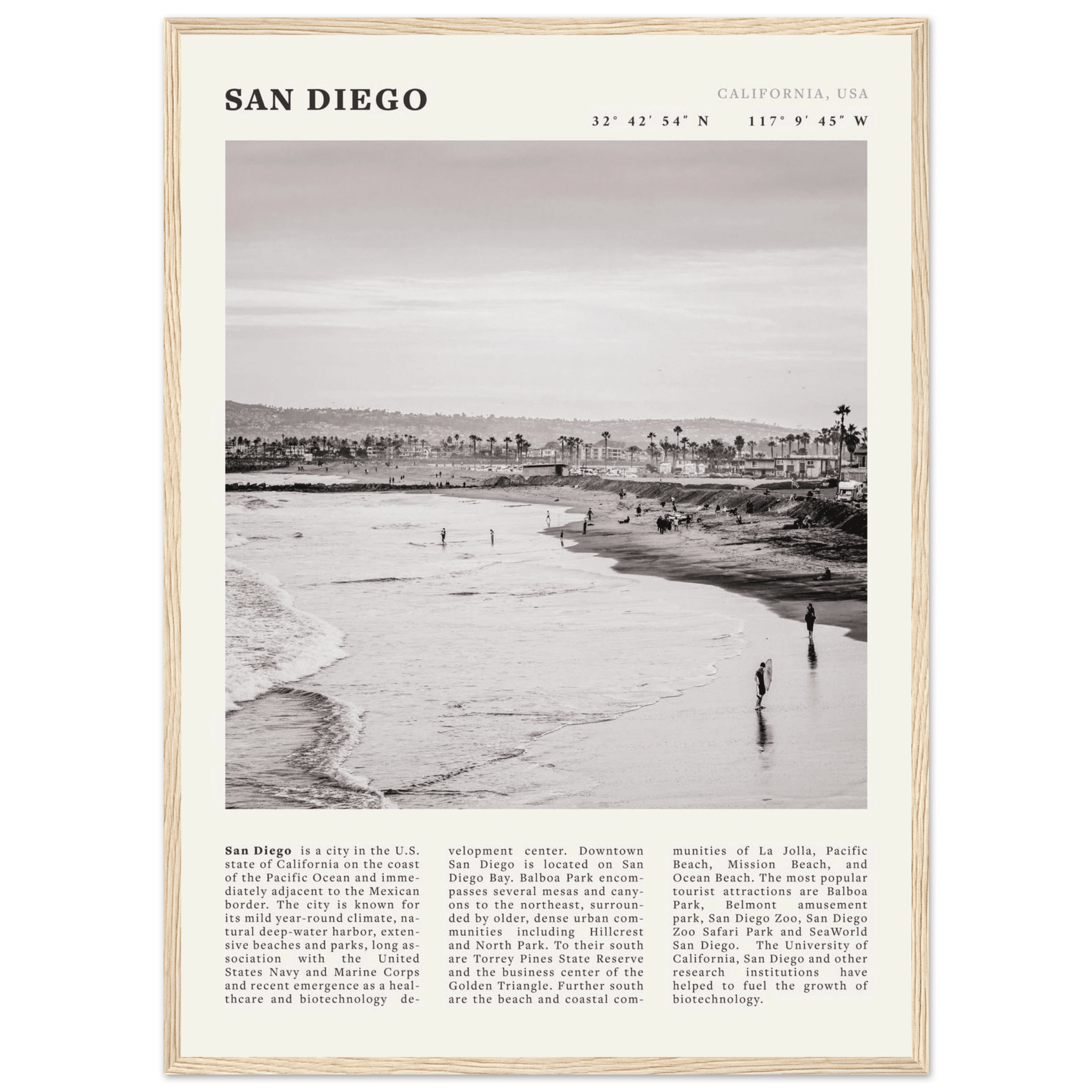 San Diego Poster | Black & White California Beach Wall Art | Coastal Travel Print Decor - Evergreen Posters