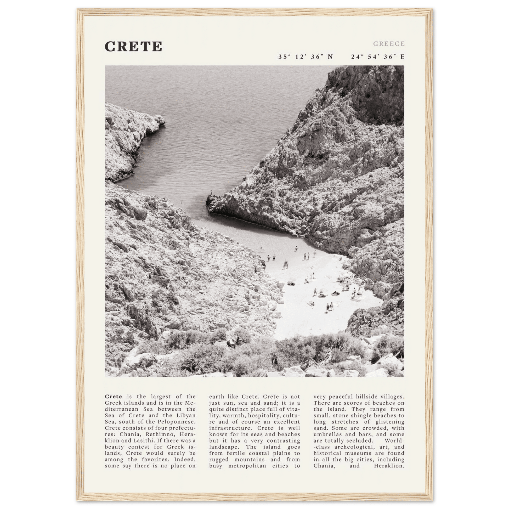 Crete Poster | Black & White Greece Beach Wall Art | Mediterranean Travel Print - Evergreen Posters