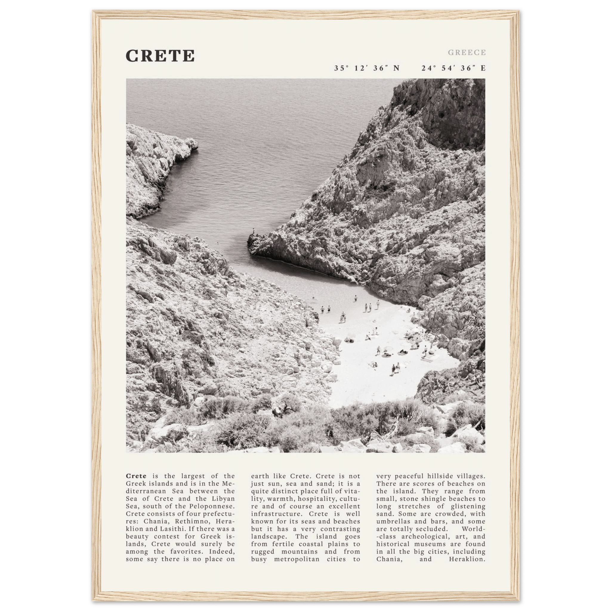 Crete Poster | Black & White Greece Beach Wall Art | Mediterranean Travel Print - Evergreen Posters
