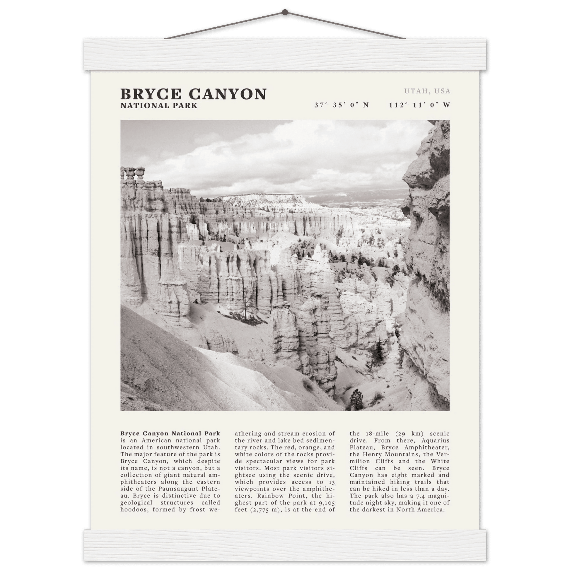 Bryce Canyon National Park Poster | Black & White Utah Hoodoos Wall Art Print - Evergreen Posters - 50