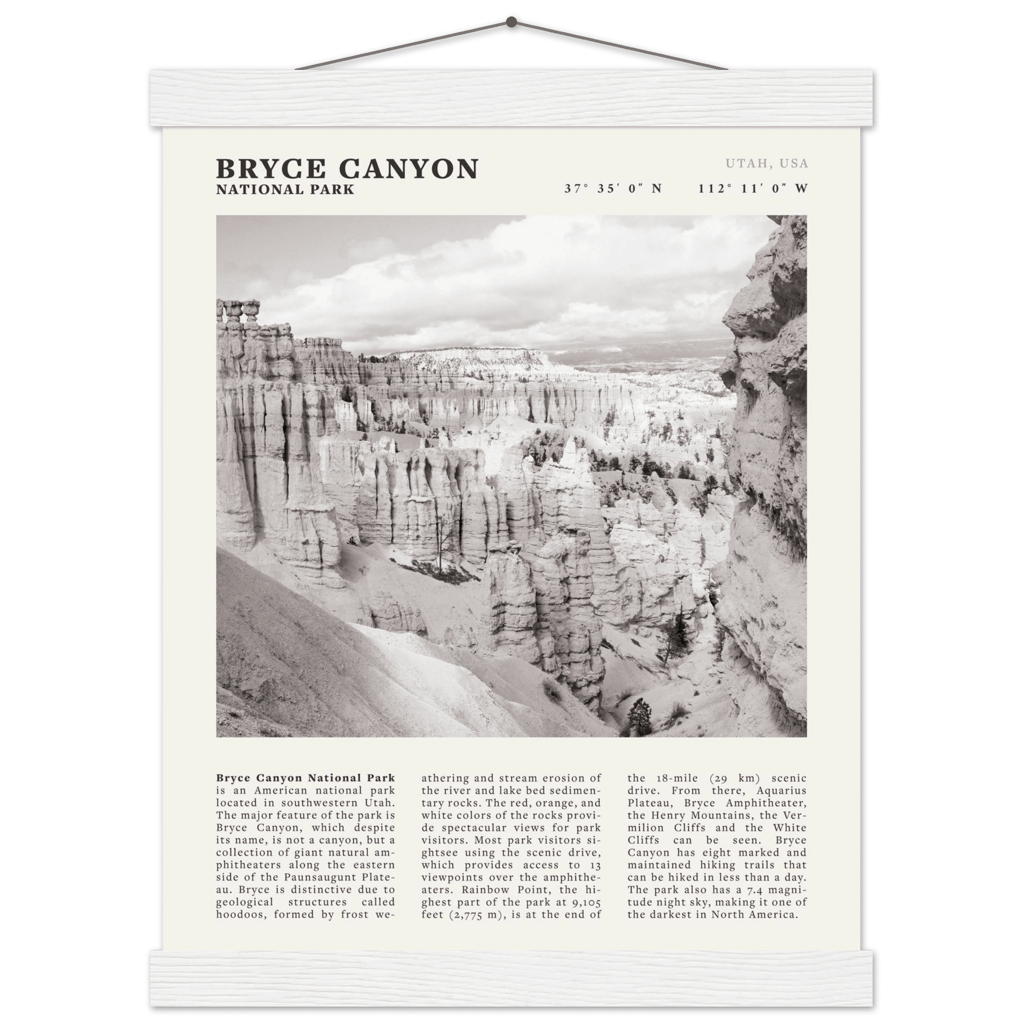 Bryce Canyon National Park Poster | Black & White Utah Hoodoos Wall Art Print - Evergreen Posters - 50
