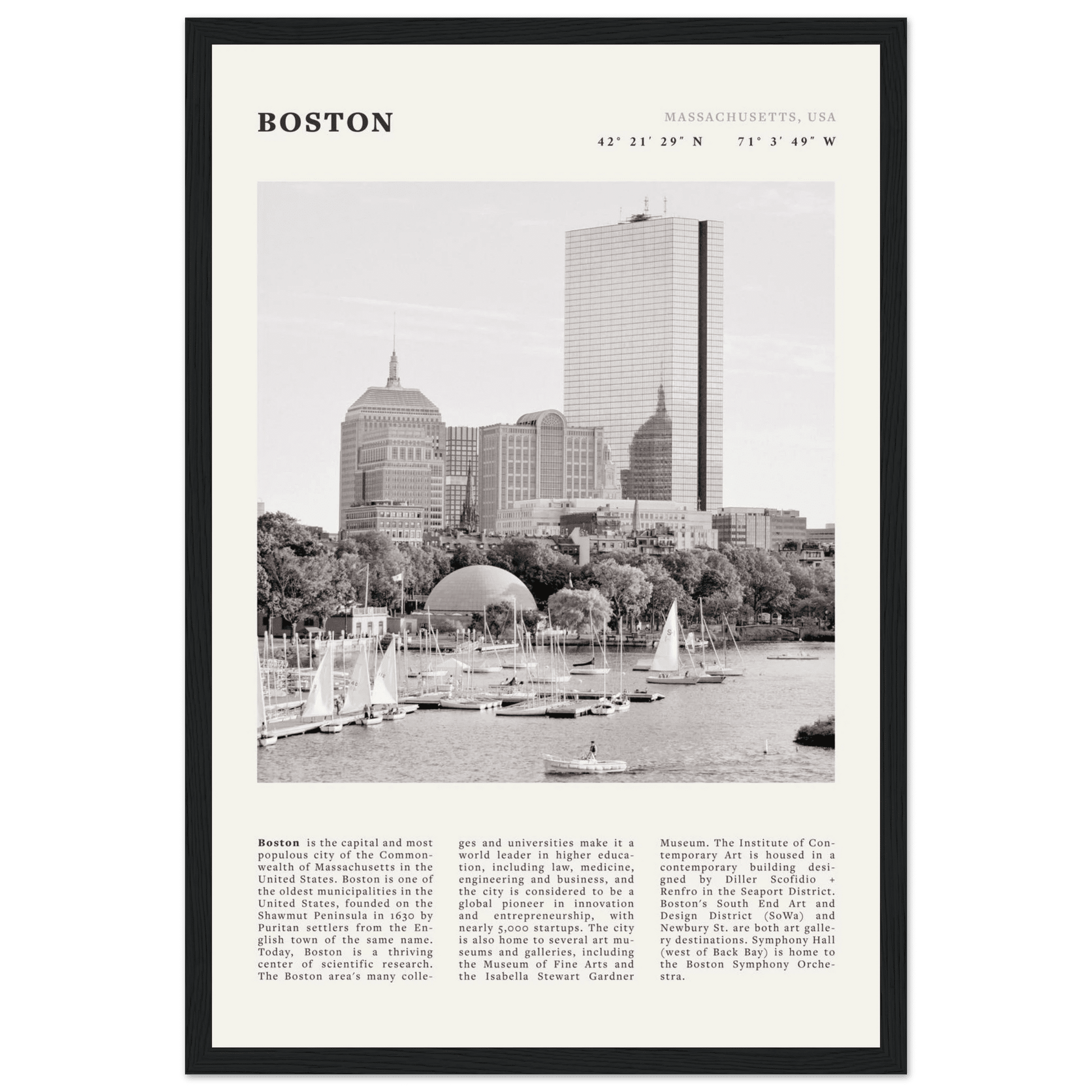Boston Poster | Black & White Charles River Skyline Wall Art | Massachusetts Print - Evergreen Posters