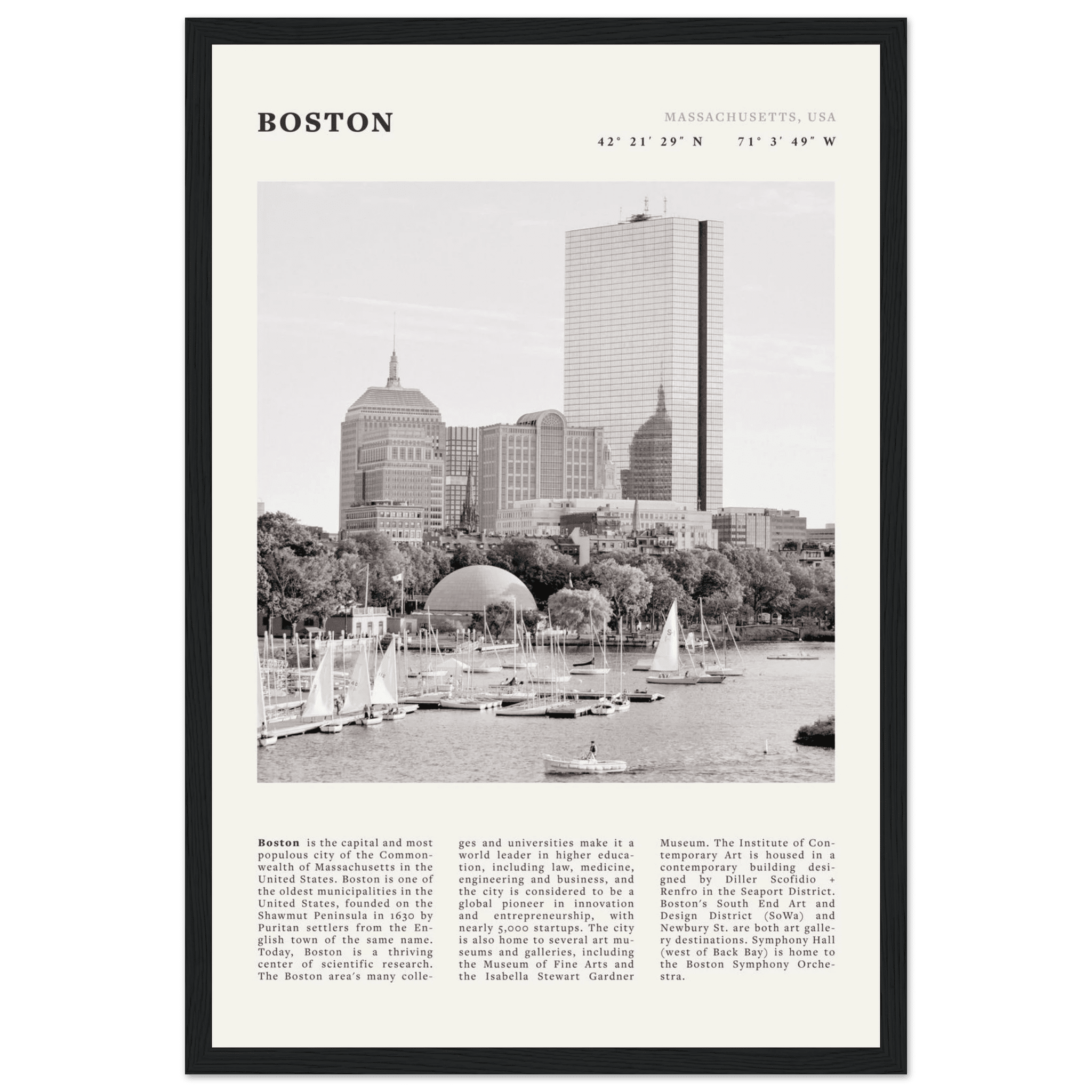 Boston Poster | Black & White Charles River Skyline Wall Art | Massachusetts Print - Evergreen Posters