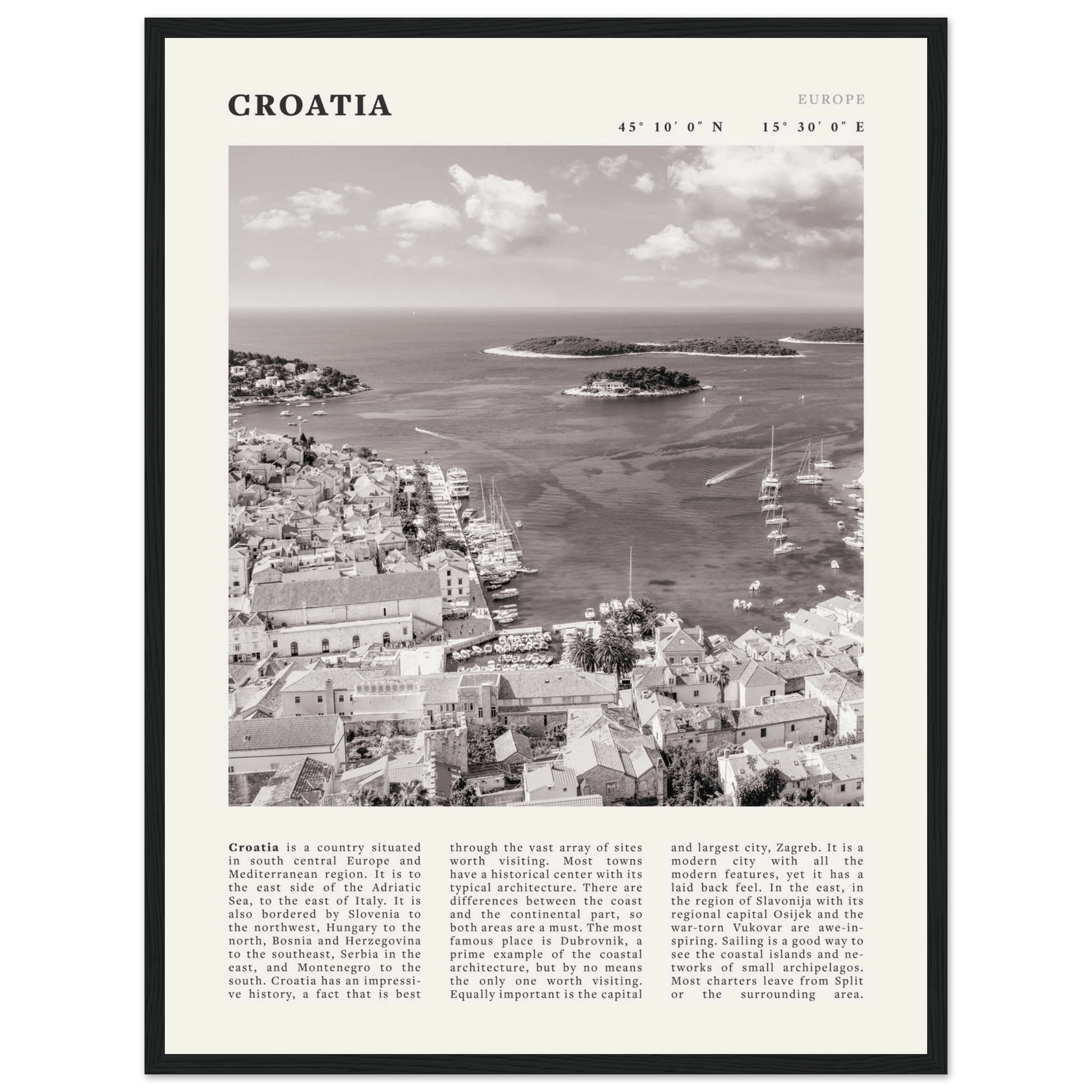 Croatia Poster | Black & White Hvar Island Wall Art | Adriatic Travel Print Decor - Evergreen Posters