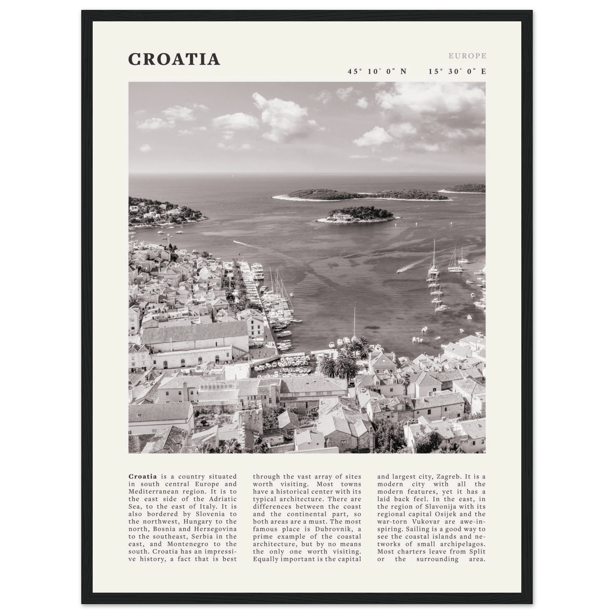 Croatia Poster | Black & White Hvar Island Wall Art | Adriatic Travel Print Decor - Evergreen Posters