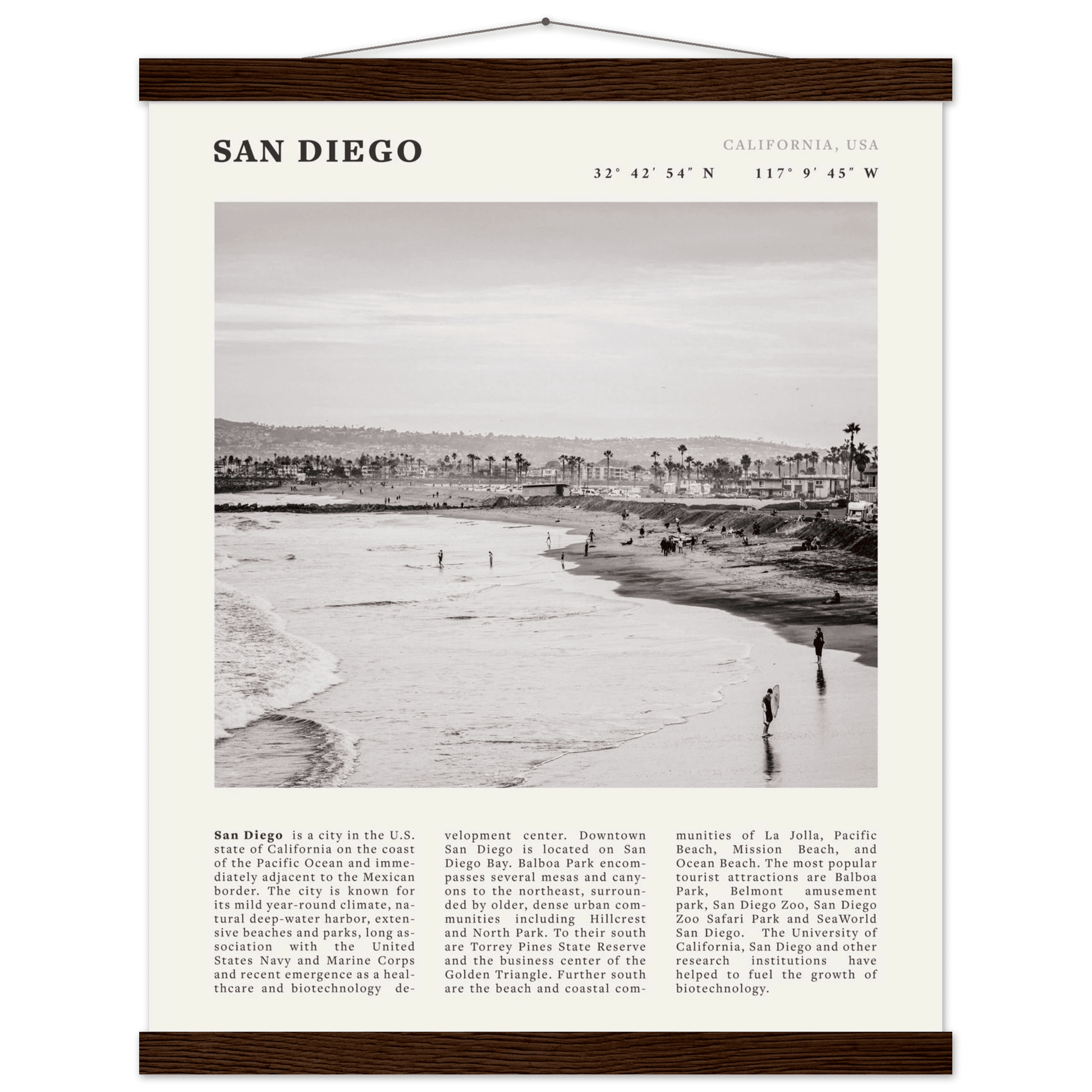 San Diego Poster | Black & White California Beach Wall Art | Coastal Travel Print Decor - Evergreen Posters