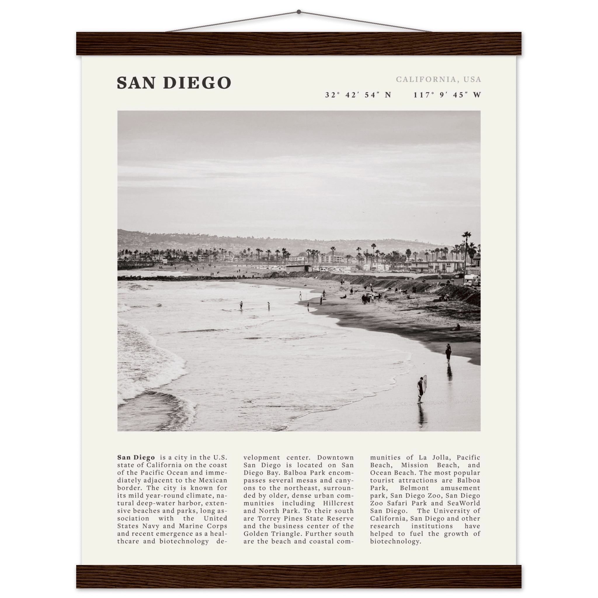 San Diego Poster | Black & White California Beach Wall Art | Coastal Travel Print Decor - Evergreen Posters