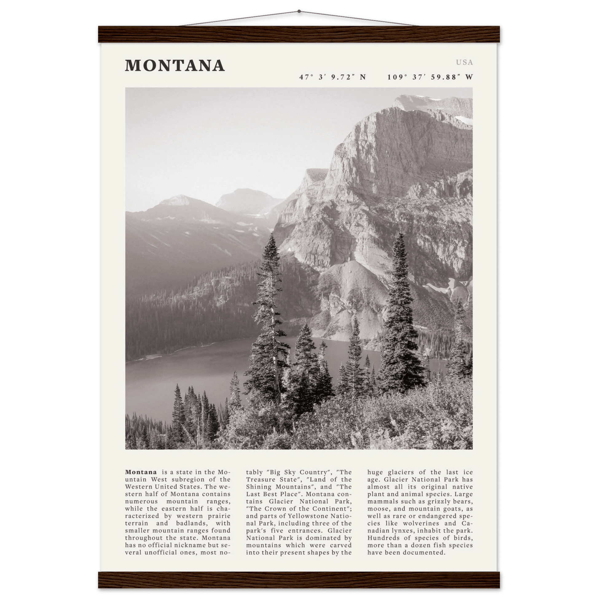 Montana Poster | Black & White Glacier National Park Wall Art | Nature Travel Print - Evergreen Posters