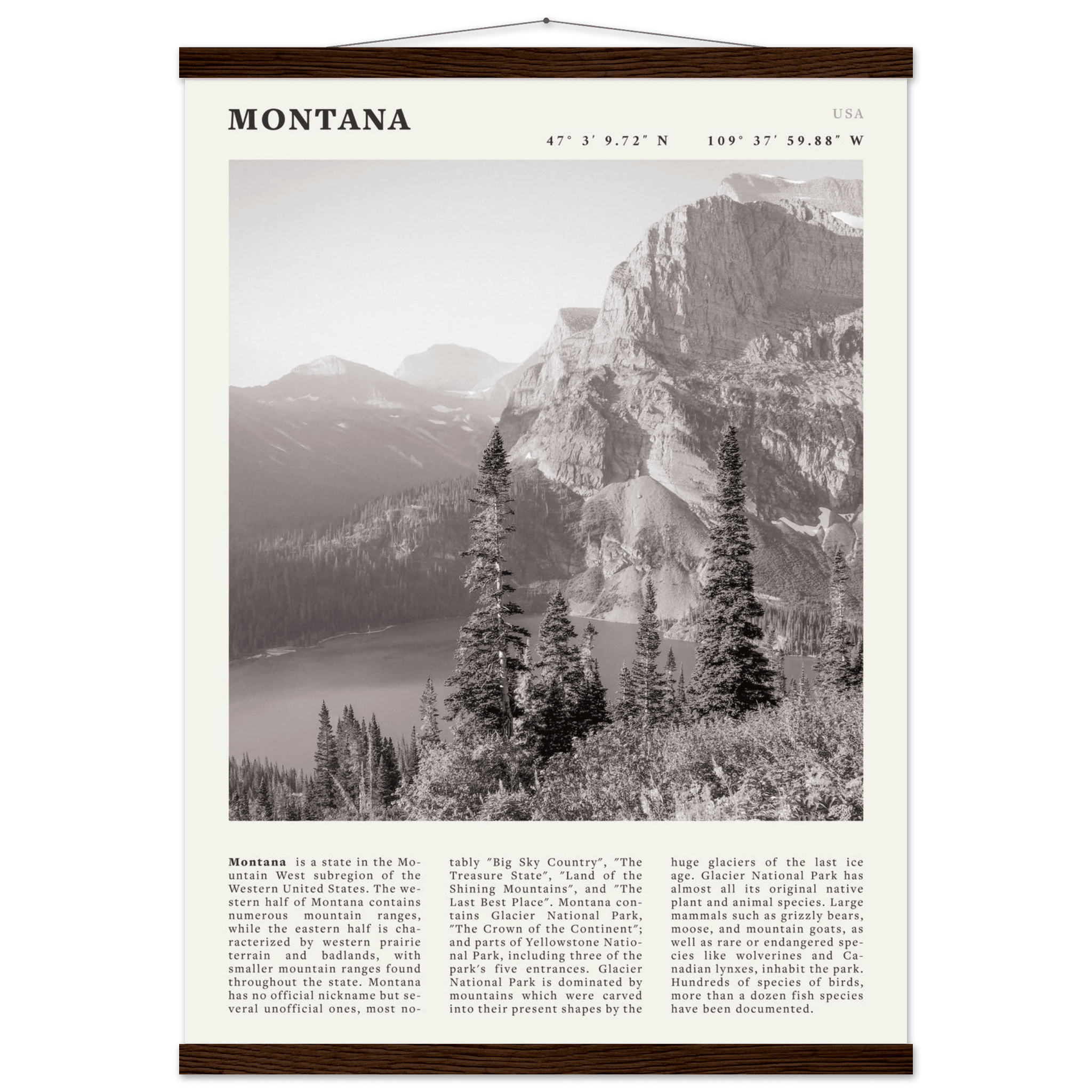 Montana Poster | Black & White Glacier National Park Wall Art | Nature Travel Print - Evergreen Posters