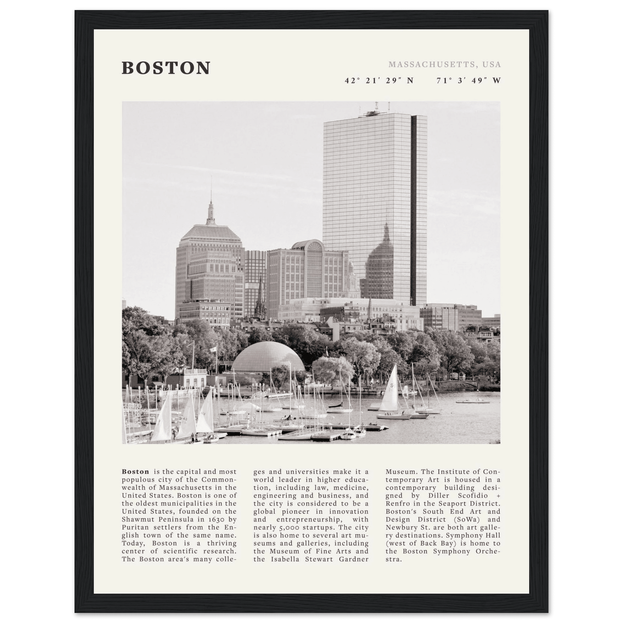 Boston Poster | Black & White Charles River Skyline Wall Art | Massachusetts Print - Evergreen Posters