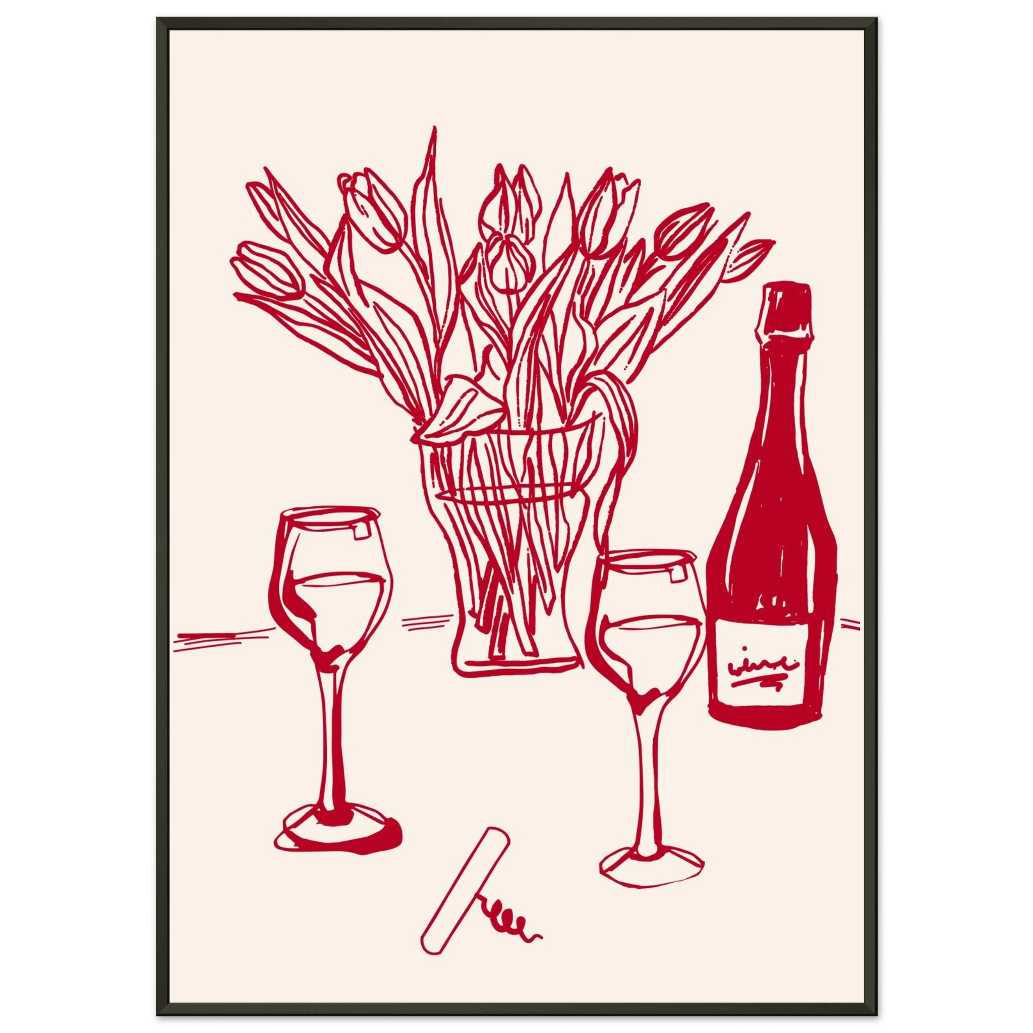 Red Wine & Tulips Print | Line Art Wine Bottle Wall Art | Kitchen Poster - Evergreen Posters