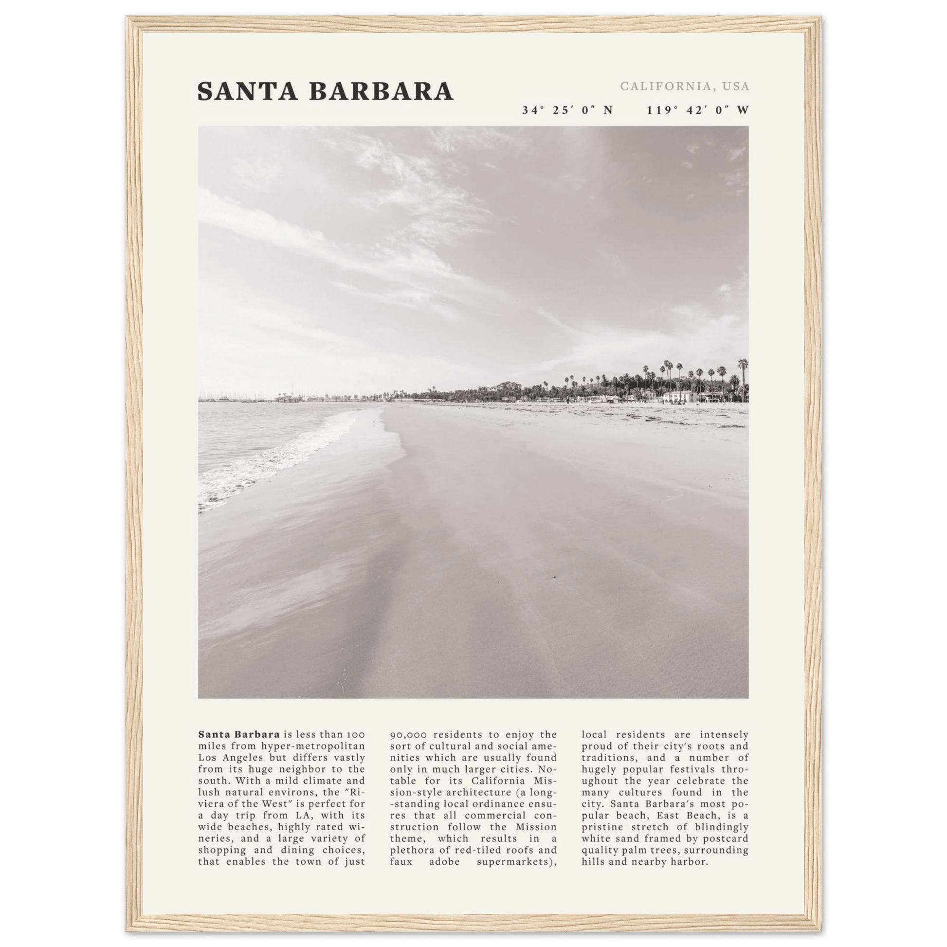 Santa Barbara Poster | Black & White California Beach Wall Art | CA Travel Print - Evergreen Posters