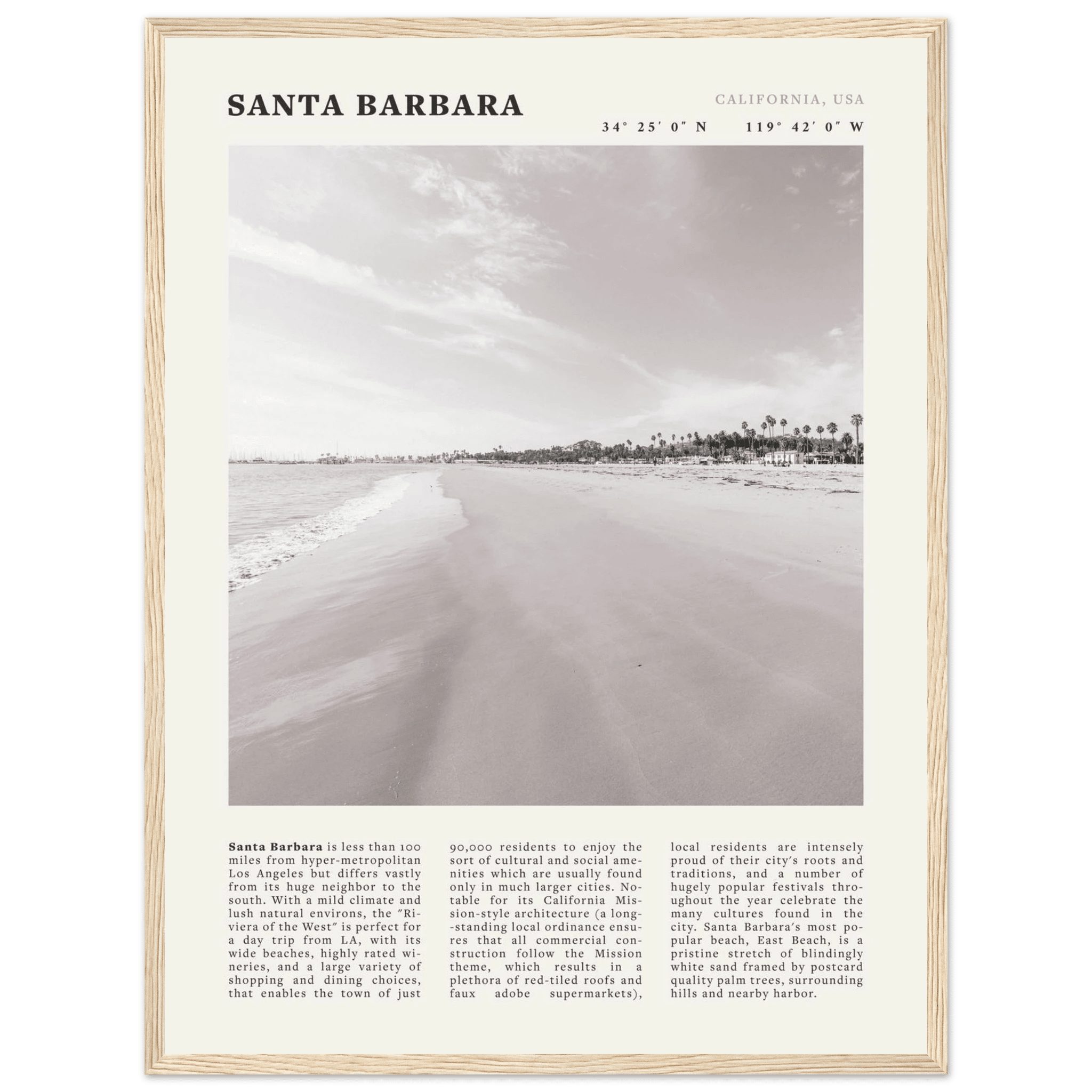 Santa Barbara Poster | Black & White California Beach Wall Art | CA Travel Print - Evergreen Posters