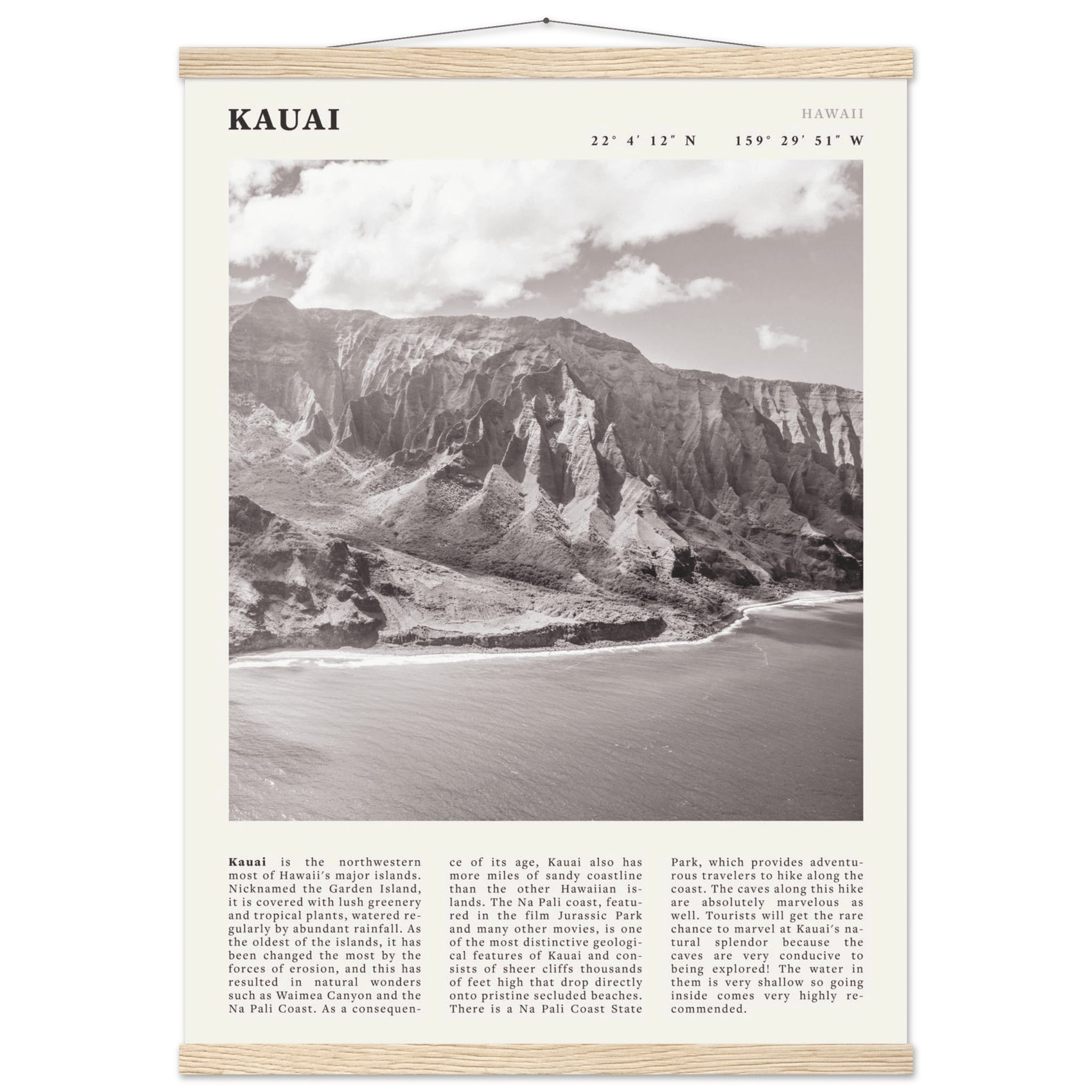 Kauai Poster | Black & White Na Pali Coast Wall Art | Hawaii Travel Print Decor - Evergreen Posters