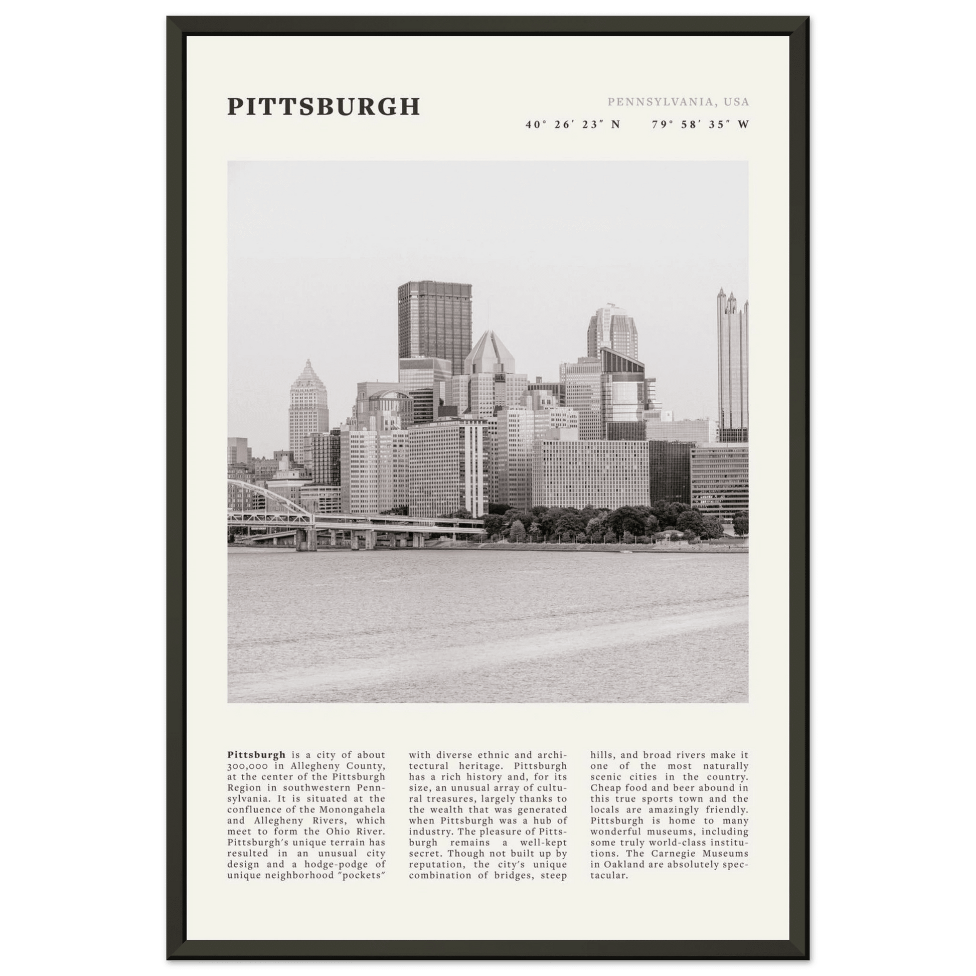 Pittsburgh Poster | Black & White Pennsylvania Skyline Wall Art | PA Travel Print - Evergreen Posters