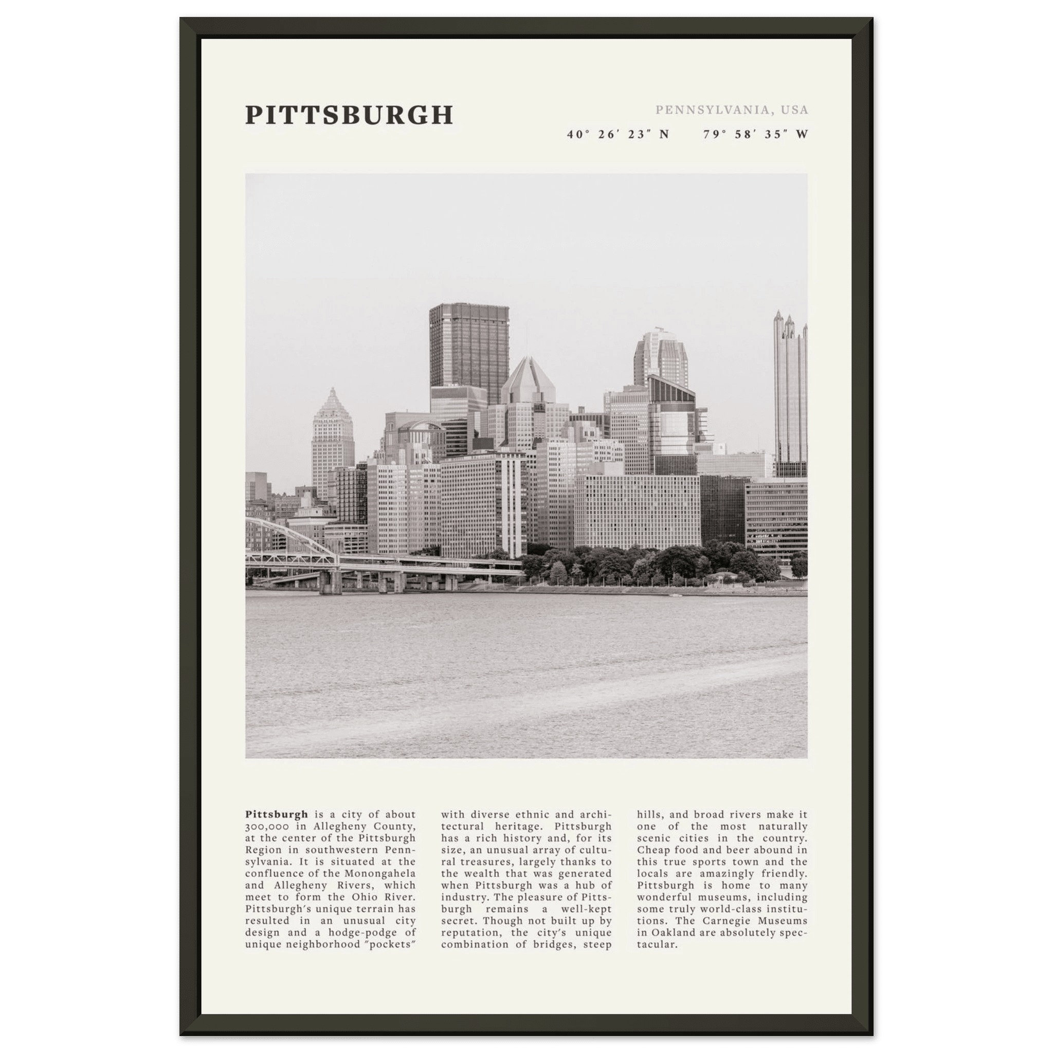 Pittsburgh Poster | Black & White Pennsylvania Skyline Wall Art | PA Travel Print - Evergreen Posters