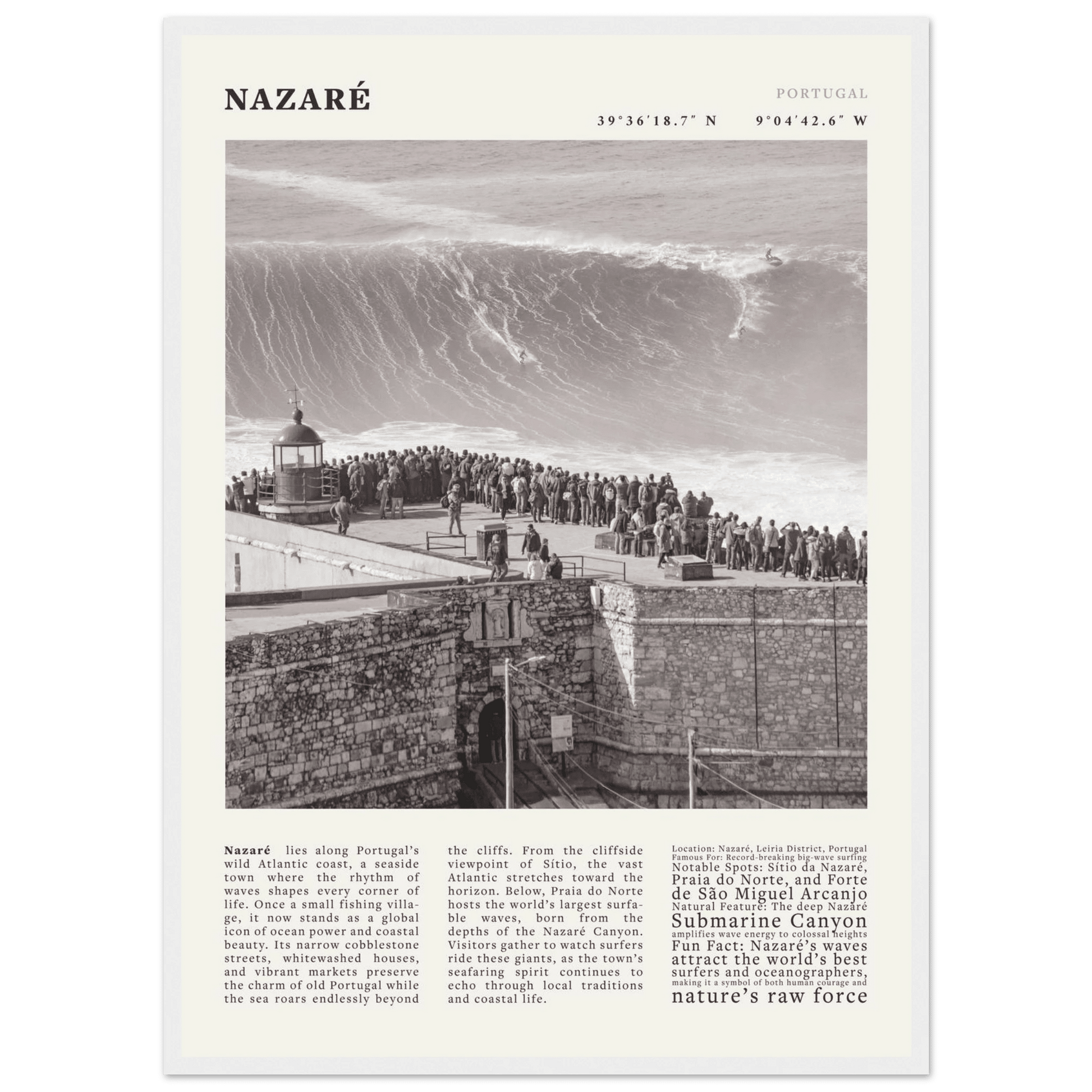 Nazaré Portugal Poster Black and White – Vintage Big Waves Surf Print (Digital & Printed Options) - Evergreen Posters