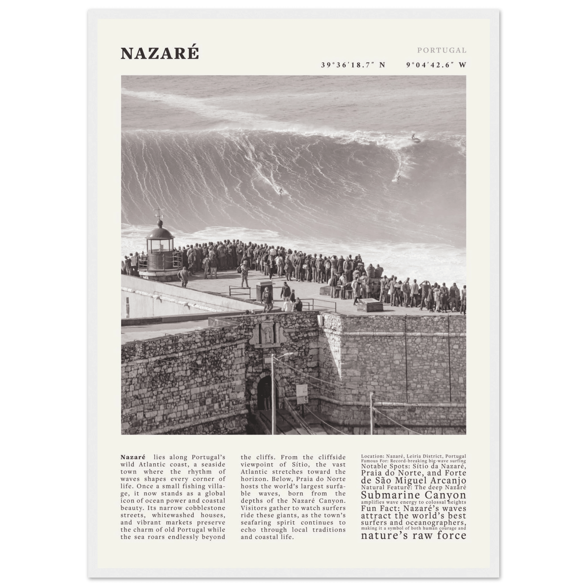 Nazaré Portugal Poster Black and White – Vintage Big Waves Surf Print (Digital & Printed Options) - Evergreen Posters