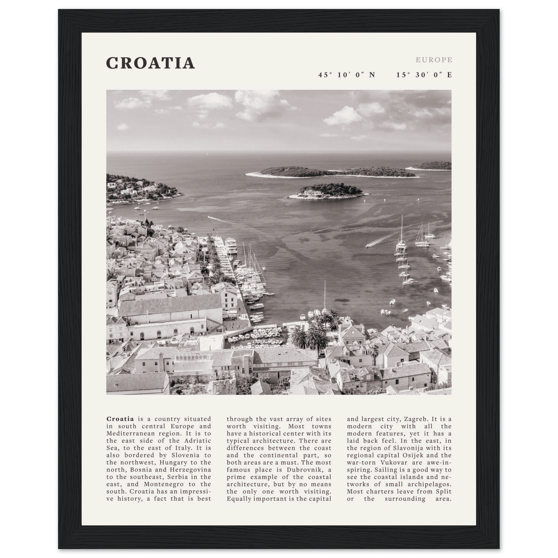Croatia Poster | Black & White Hvar Island Wall Art | Adriatic Travel Print Decor - Evergreen Posters