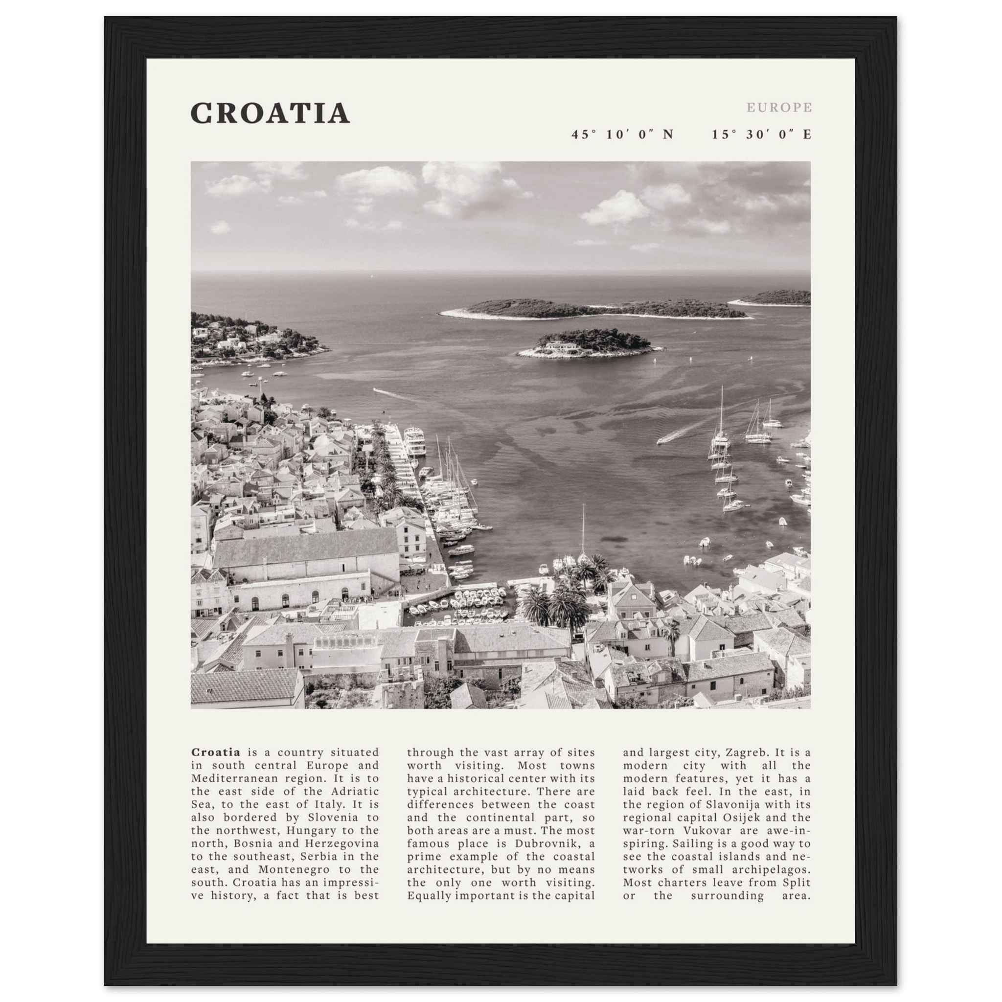 Croatia Poster | Black & White Hvar Island Wall Art | Adriatic Travel Print Decor - Evergreen Posters