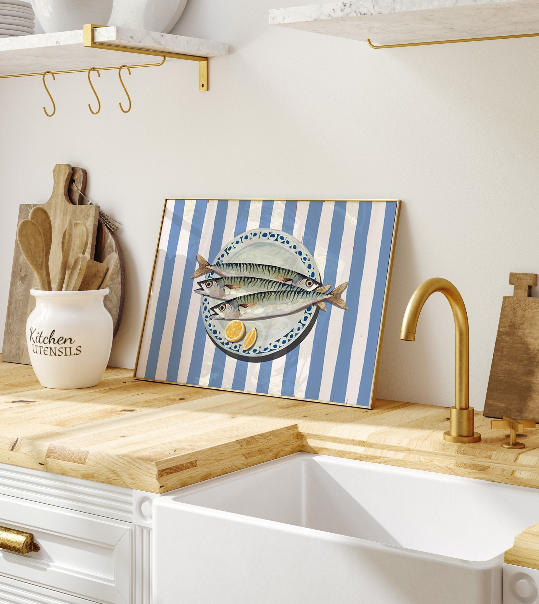 Sardines Print | Blue Stripe Fish Kitchen Wall Art | Coastal Food Poster - Evergreen Posters