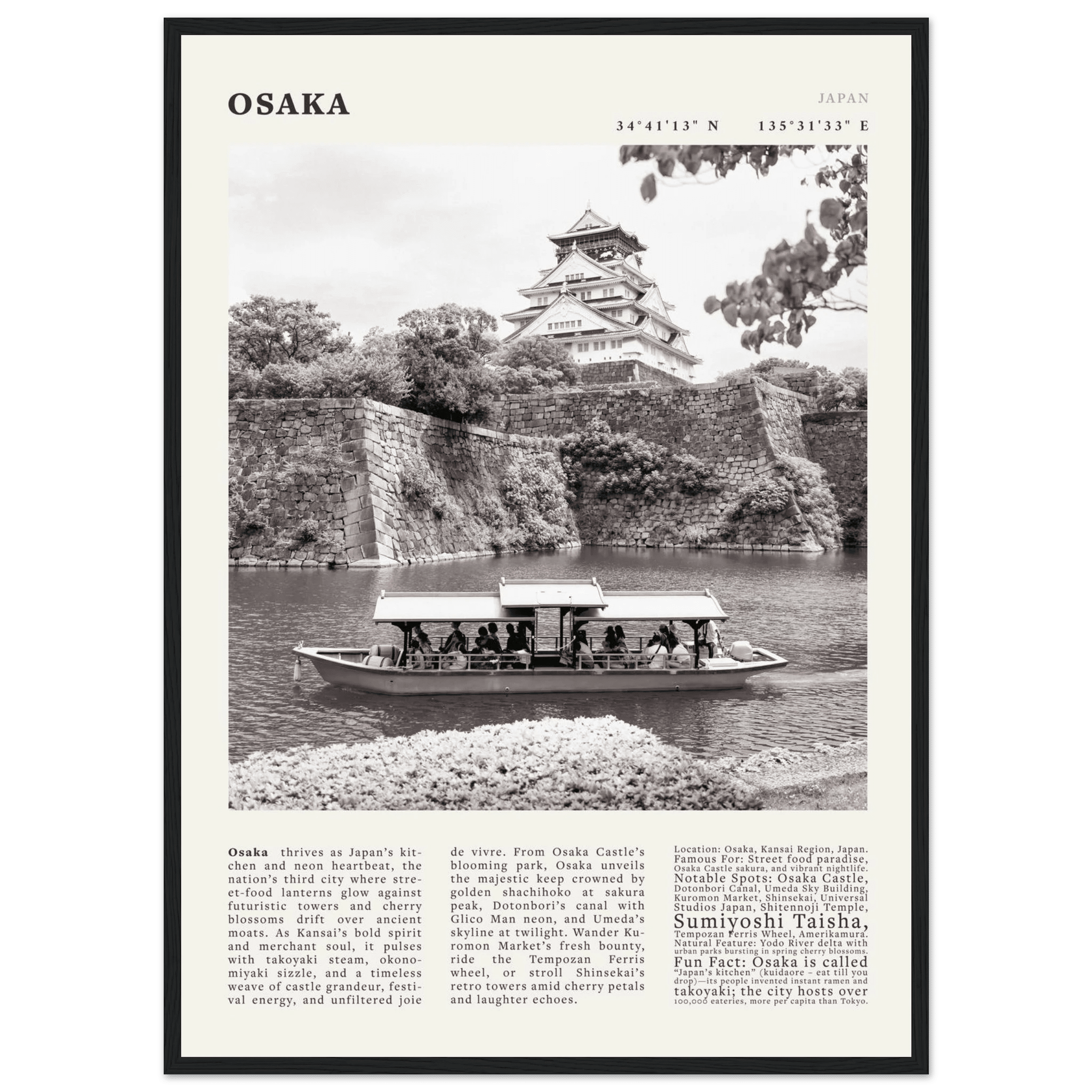 Osaka Poster Black and White – Vintage Osaka Castle Cherry Blossom Print (Digital & Printed Options) - Evergreen Posters