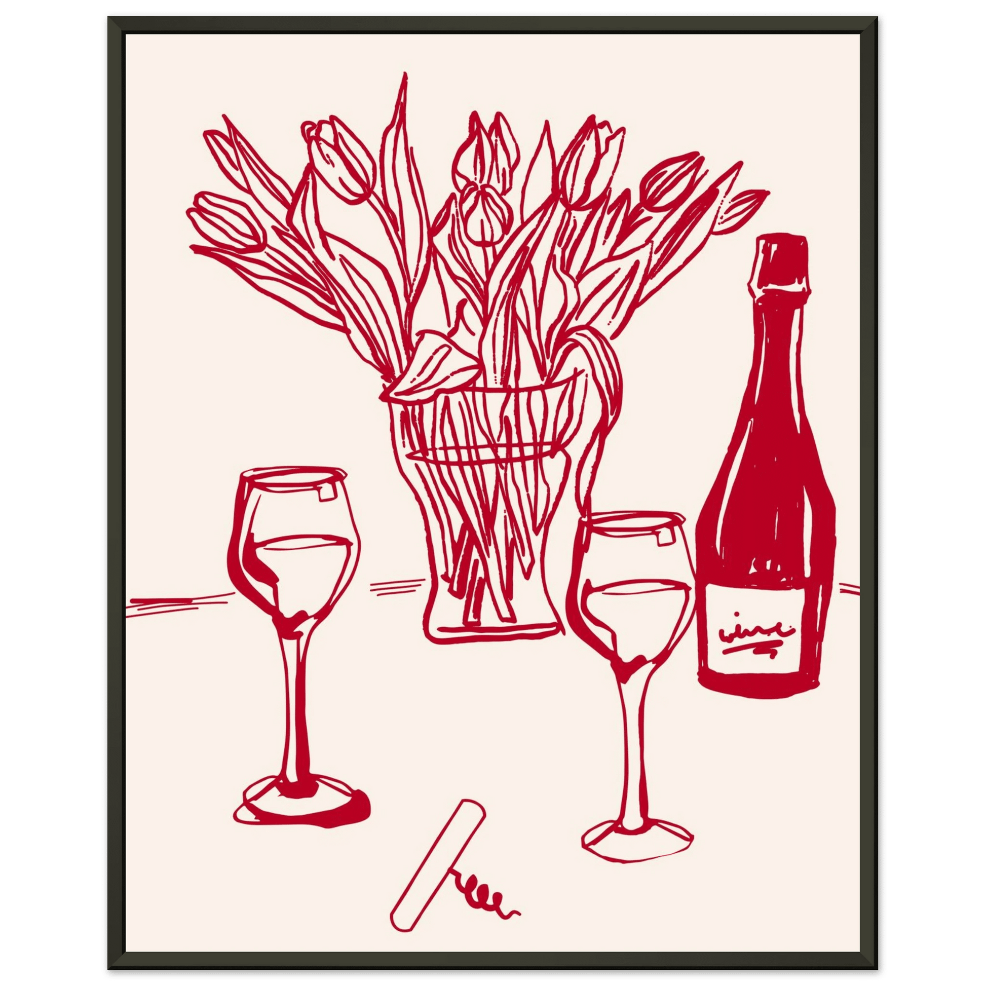 Red Wine & Tulips Print | Line Art Wine Bottle Wall Art | Kitchen Poster - Evergreen Posters